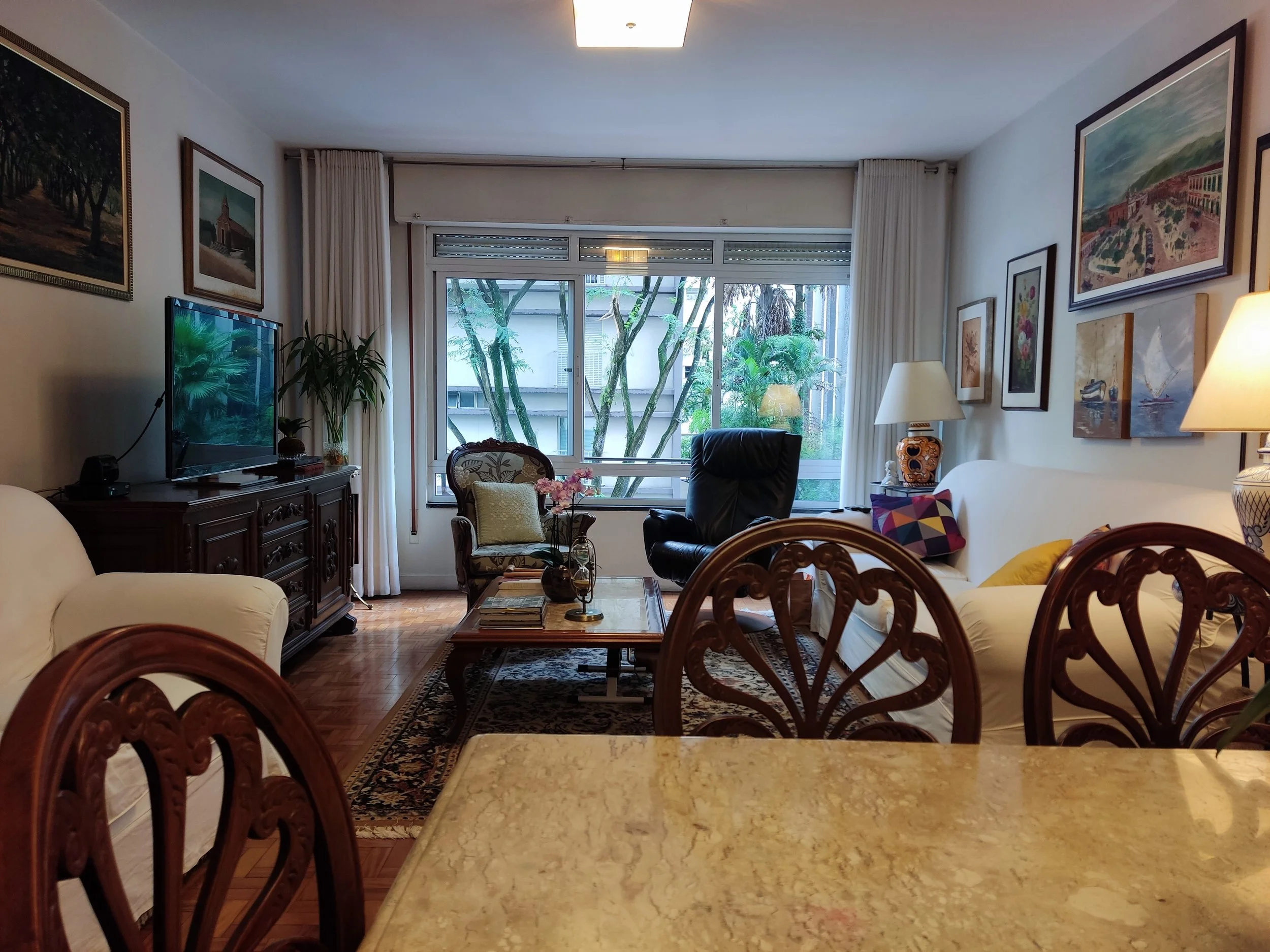 Sala de estar com sofá branco, cadeira decorativa, televisão, mesa de centro com livros e vaso de flores, pintura na parede, janela grande com vista para árvores, iluminação de lâmpadas e cortinas claras.