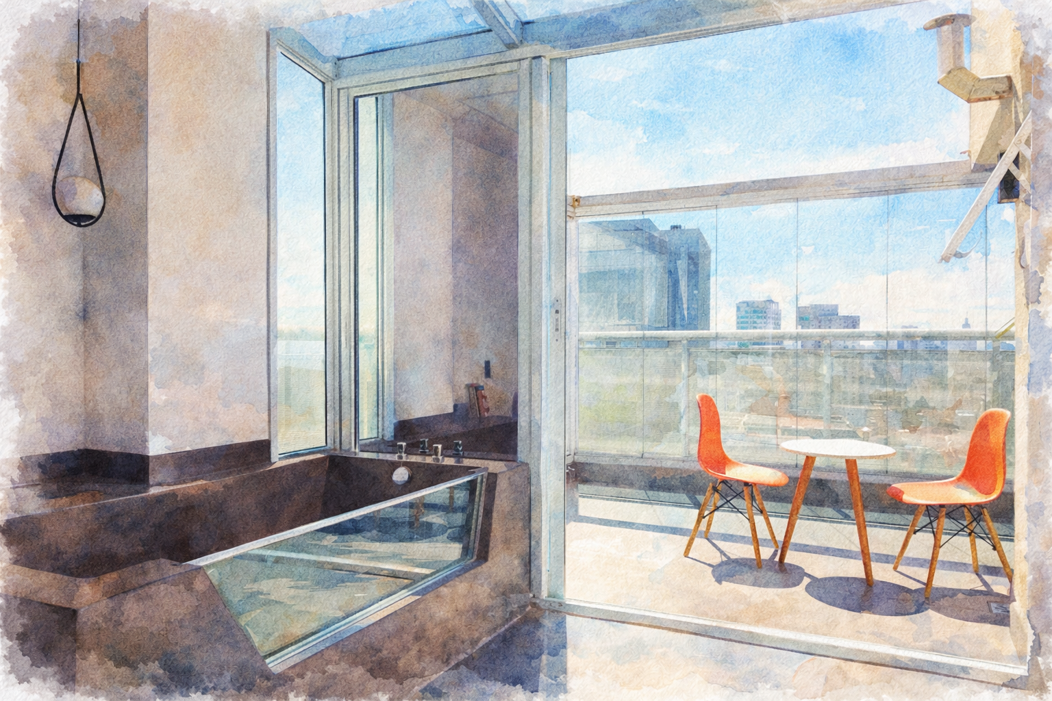 Sala de banho com banheira e varanda com duas cadeiras e mesa, vista de prédio na cidade.