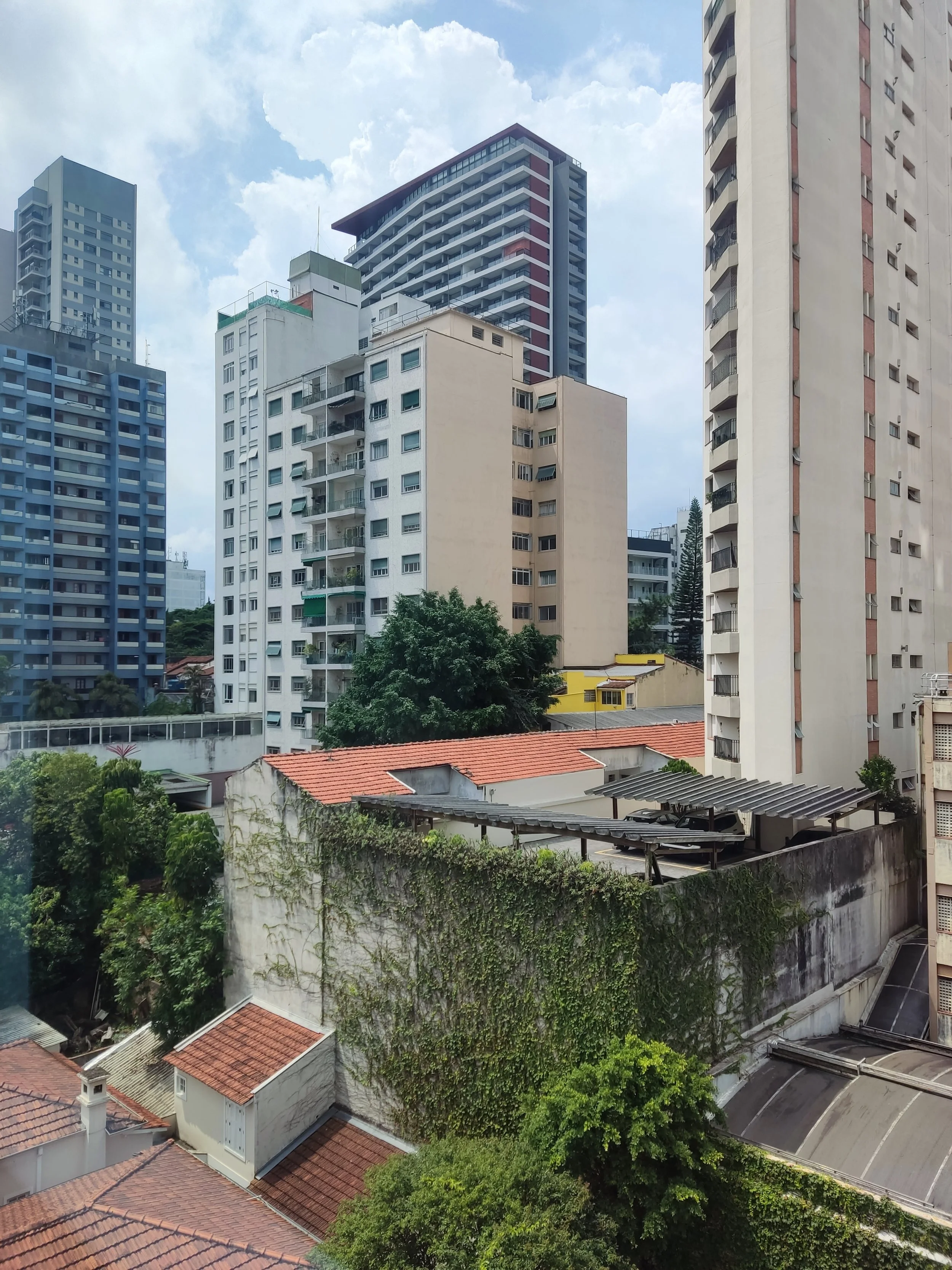Cena de uma cidade com prédios altos, alguns com varandas, árvores, uma parede coberta de vegetação, e céu parcialmente nublado.