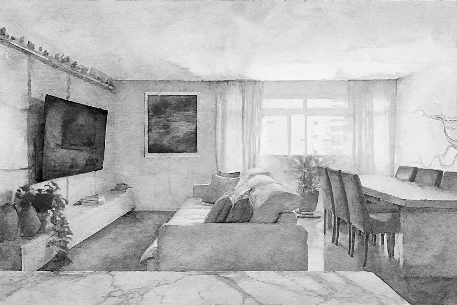 Sala de estar e jantar com sofá, televisão, mesa de jantar com cadeiras, janelas com cortinas e decorativas na parede.