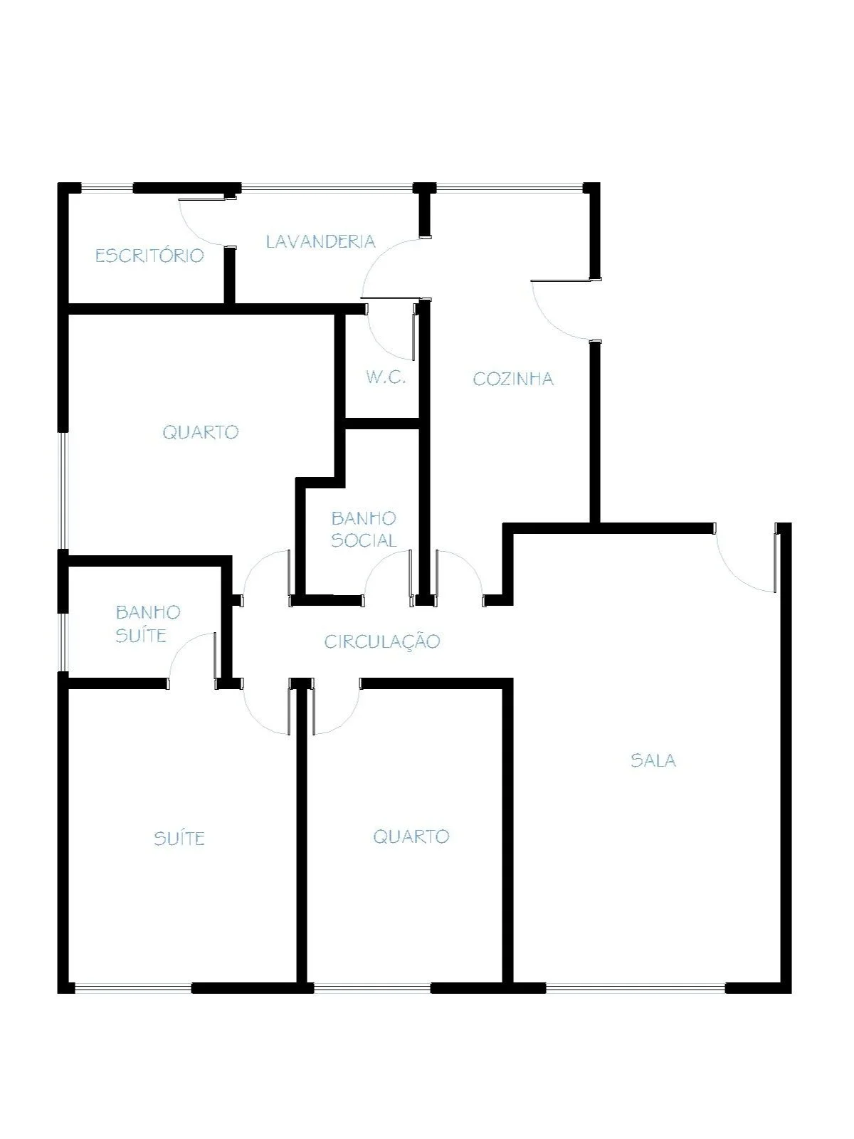 Planta baixa de uma residência com quartos, banheiros, cozinha, sala, lavanderia, escritório e circulação centrada.