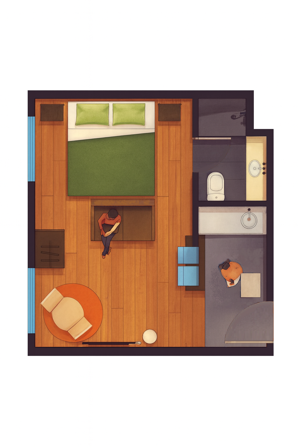 Vista aérea de um apartamento com quarto, banheiro, sala de estar e área de trabalho, móveis de madeira e piso de madeira.