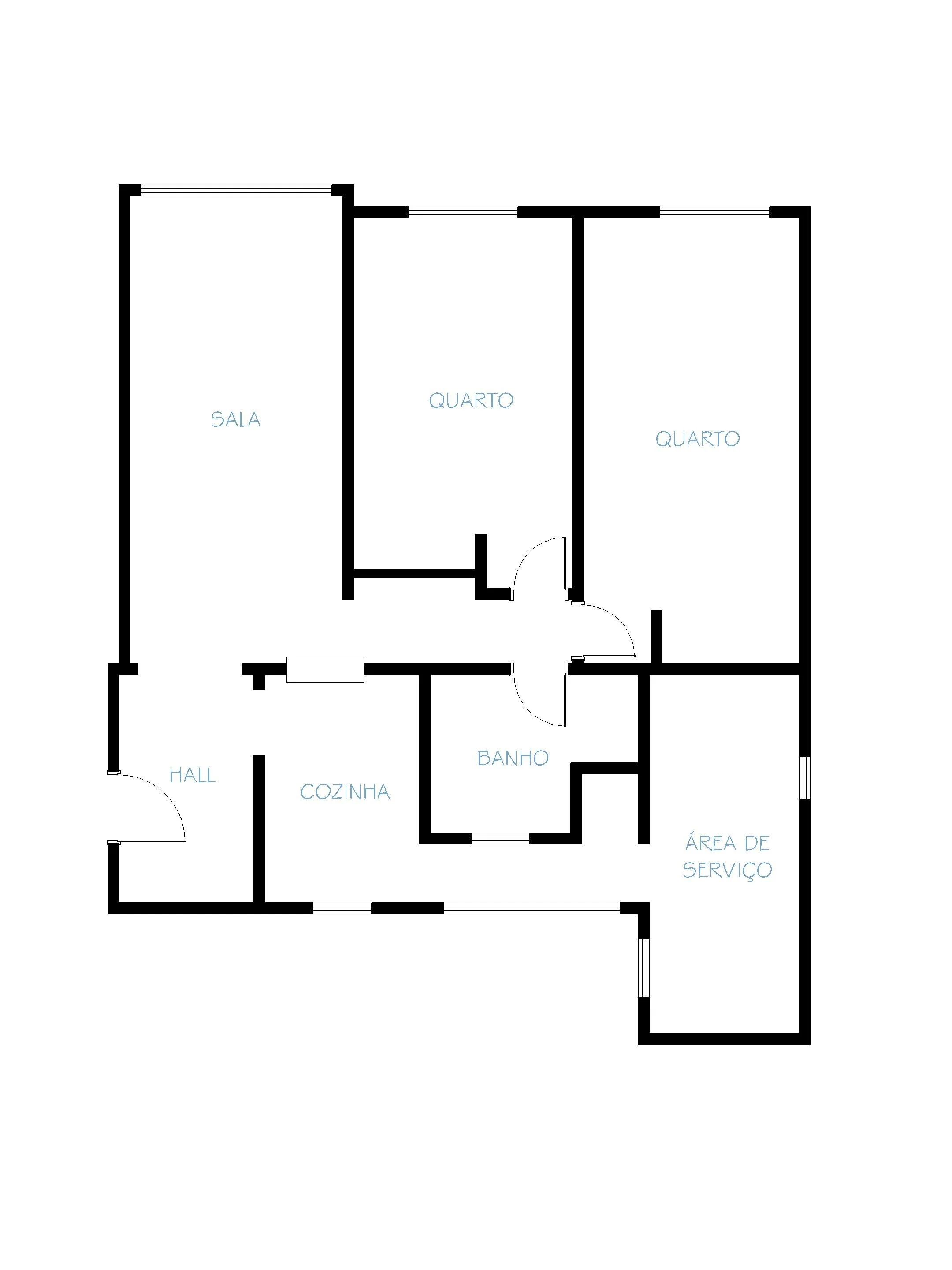 Planta baixa de uma residência com divisões marcadas como sala, dois quartos, banheiro, cozinha, área de serviço e hall.