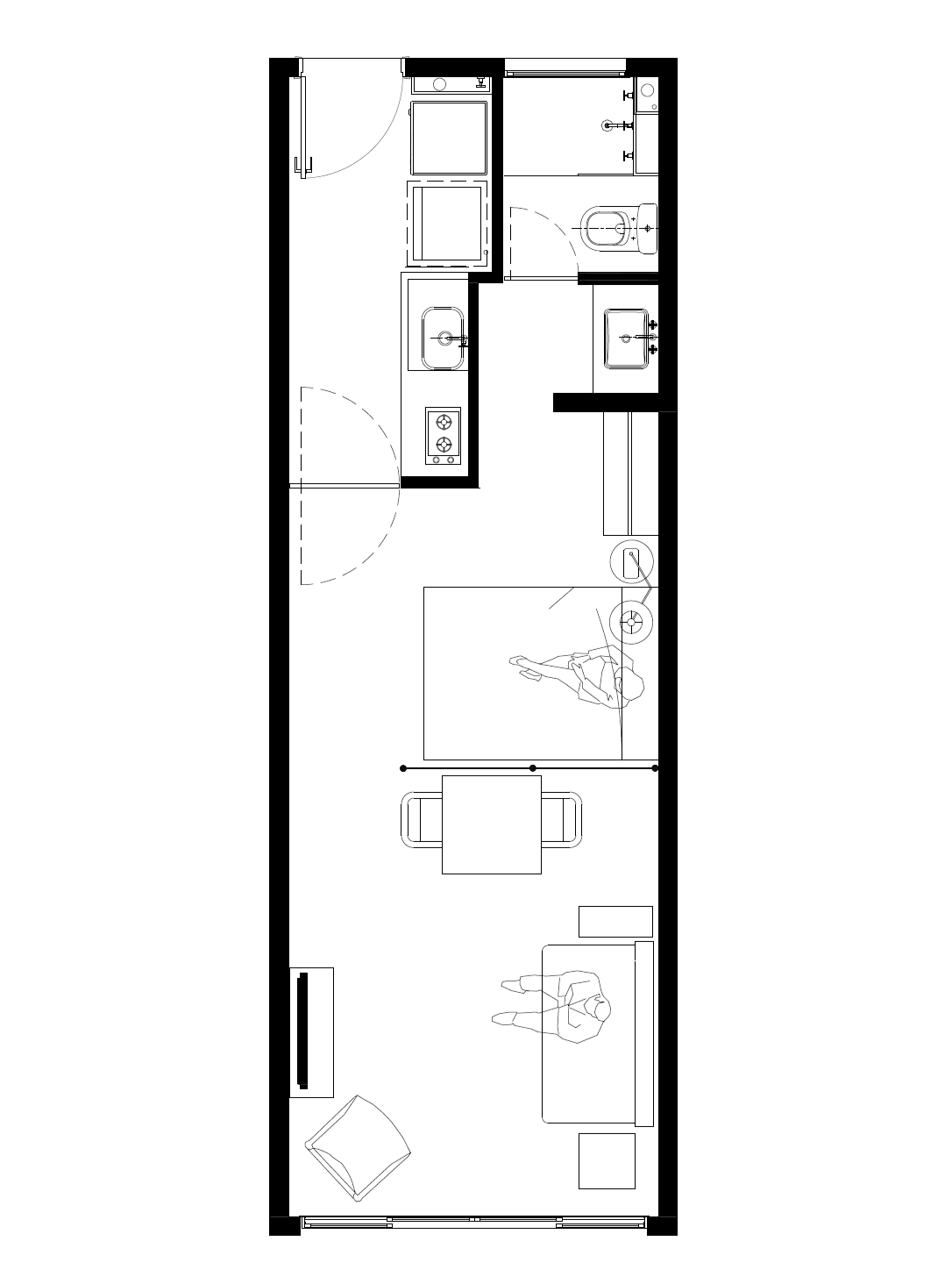 Planta de apartamento com cozinha, sala de estar, dormitório, banheiro e lavanderia, incluindo área de jantar, sofá, cama, televisão e móveis.