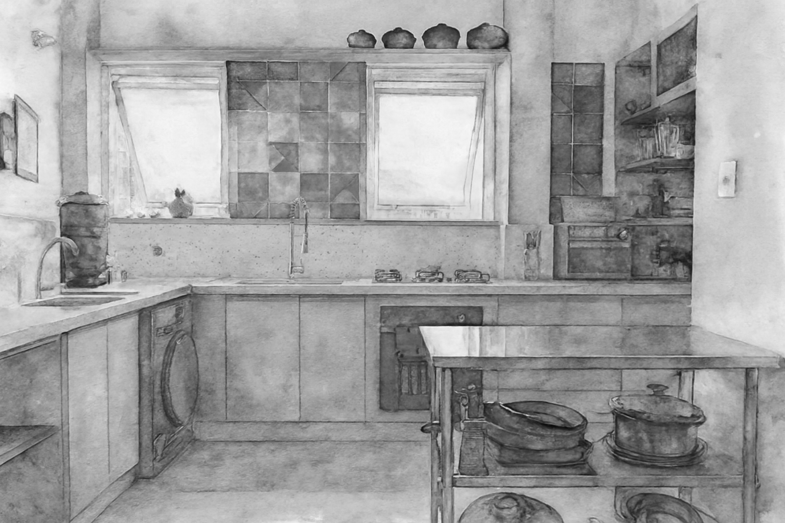 Cozinha em estilo aquarela com janela ao fundo, armários verdes, pia, fogão, prateleiras, utensílios de cozinha, panelas e panelas em uma mesa, decoração simples.