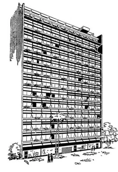 Desenho de um edifício de vários andares com janelas e árvores na frente.