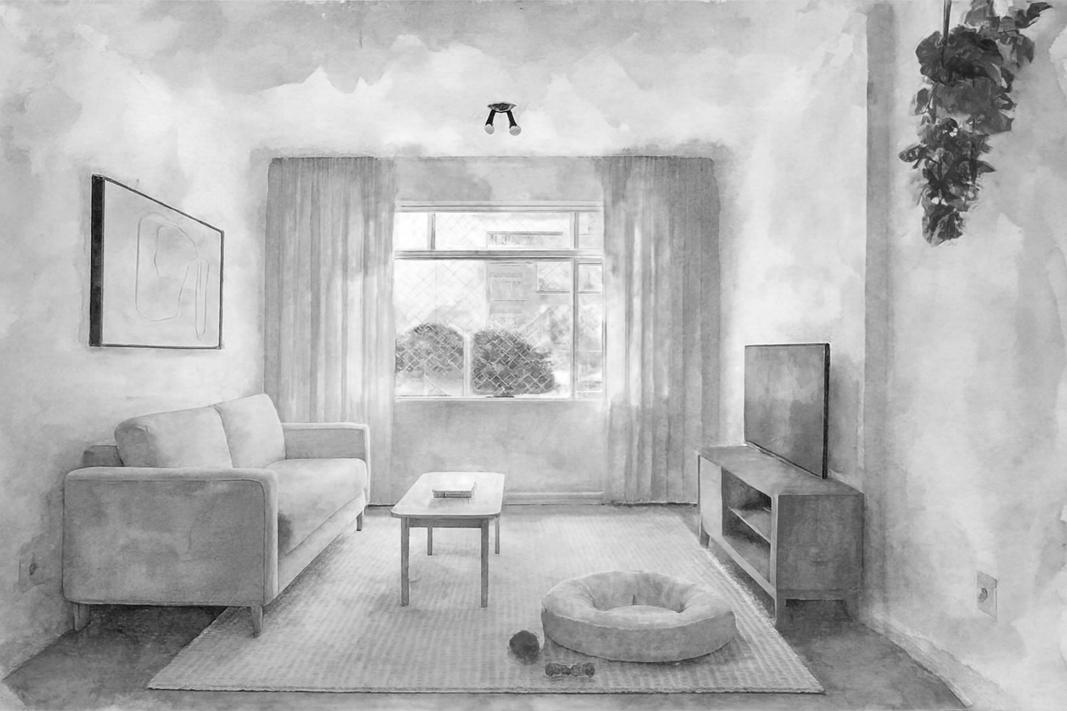 Sala de estar com sofá bege, mesa de centro, televisão em móvel de madeira, janela com cortinas amarelas e uma planta pendurada no canto superior direito.