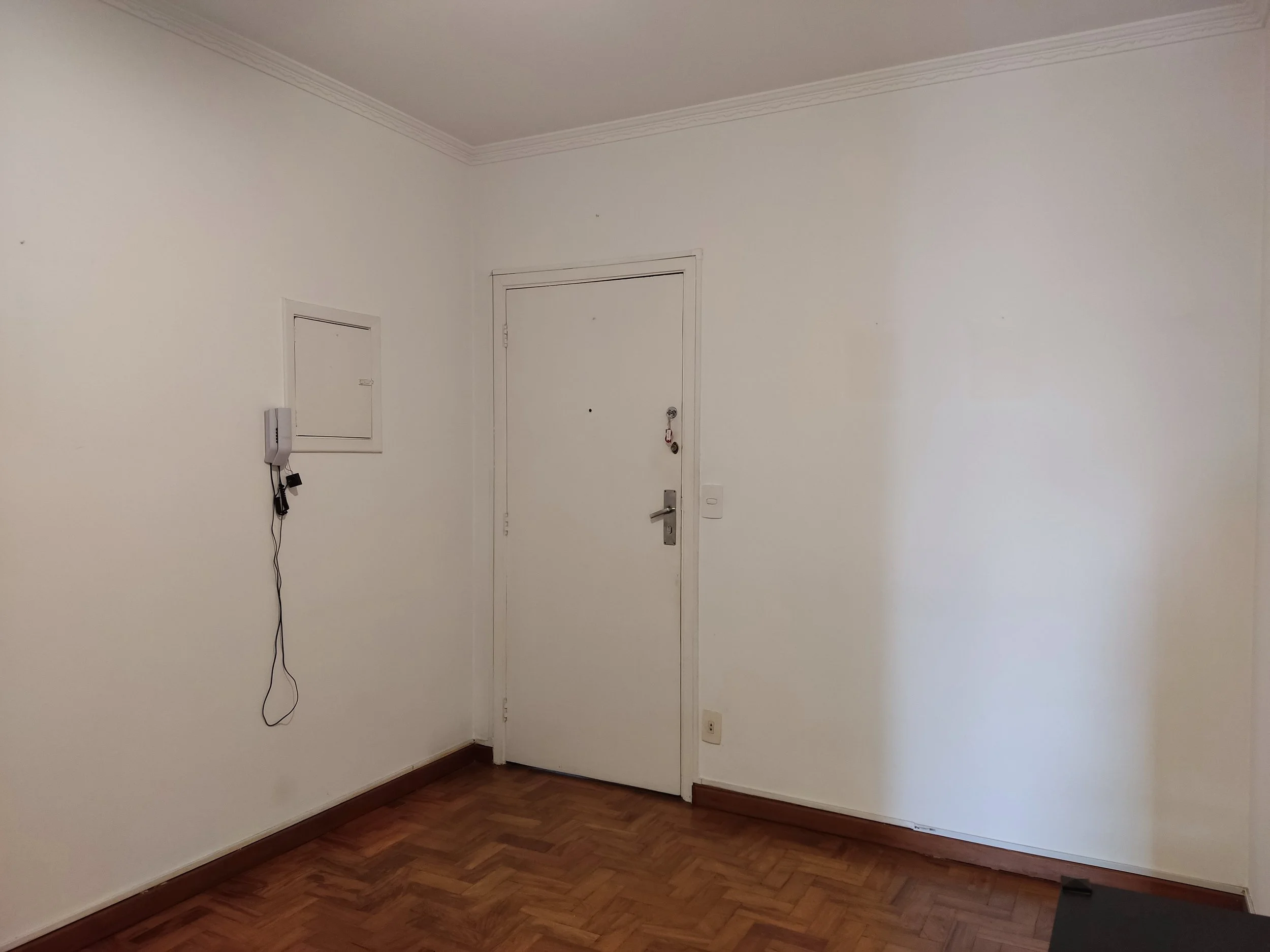 Sala de apartamento com parede branca, porta branca, interfone na parede, piso de madeira e uma pequena caixa no teto.