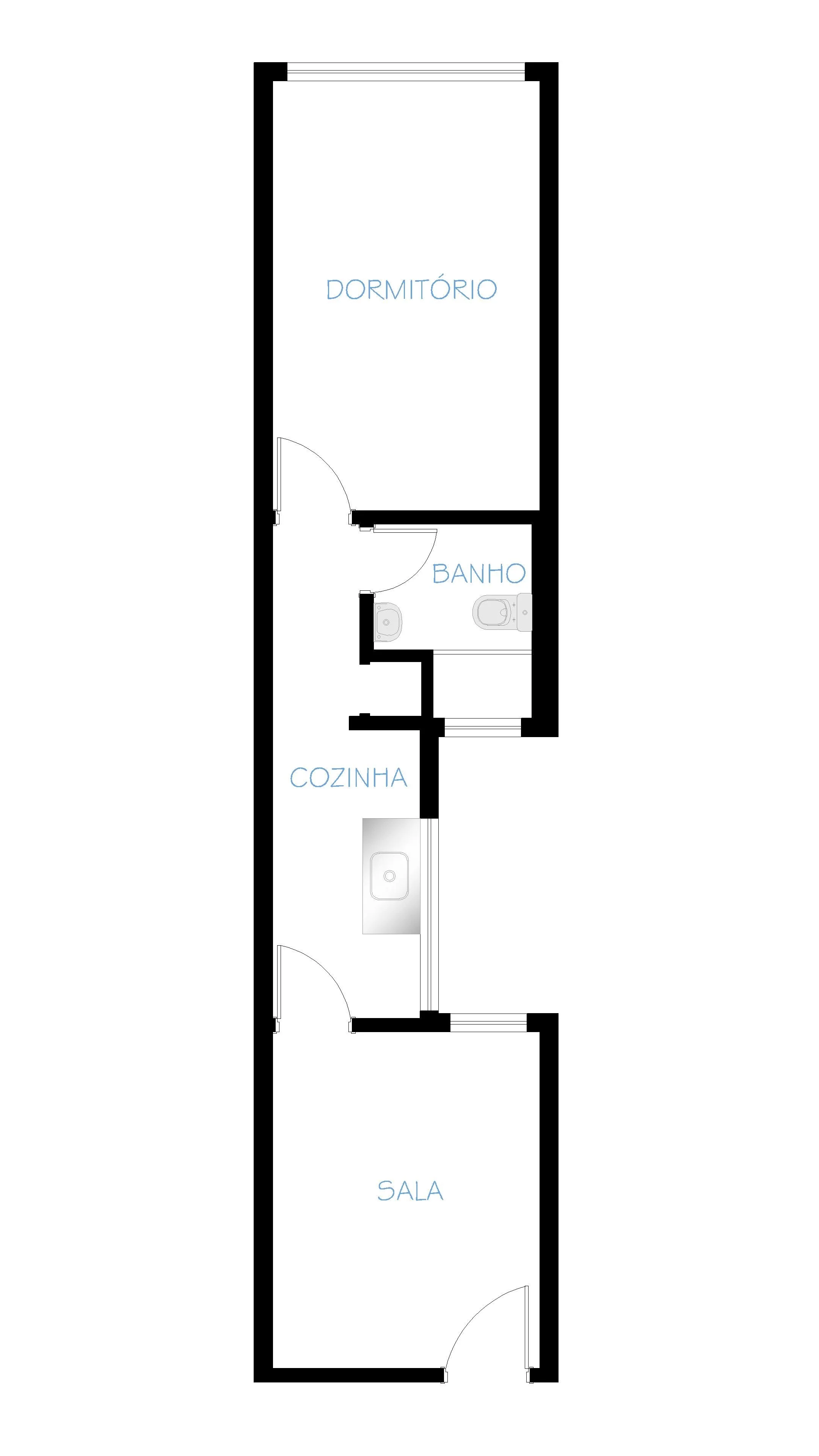 Planta baixa de apartamento com sala, quarto, cozinha, banheiro e corredor.