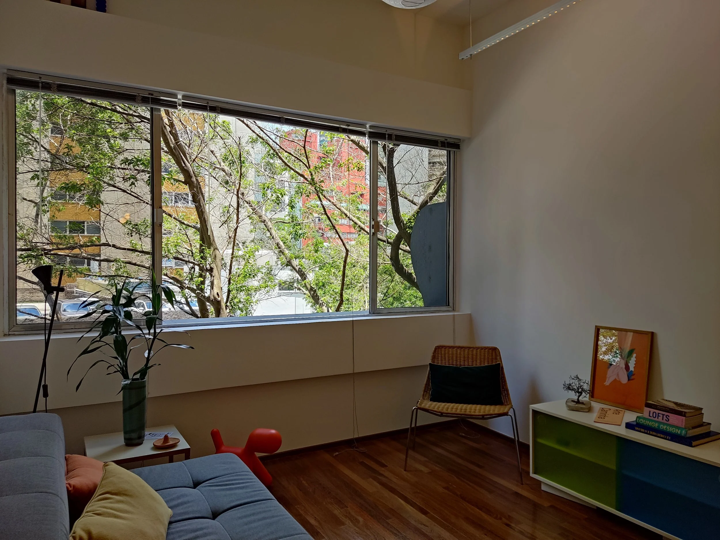 Sala de estar com janela grande, sofá cinza com almofadas amarelas e laranja, plantas, uma cadeira de vime com almofada preta, uma luminária de piso, uma mesa de centro branca e uma estante com livros, quadro e objetos decorativos.