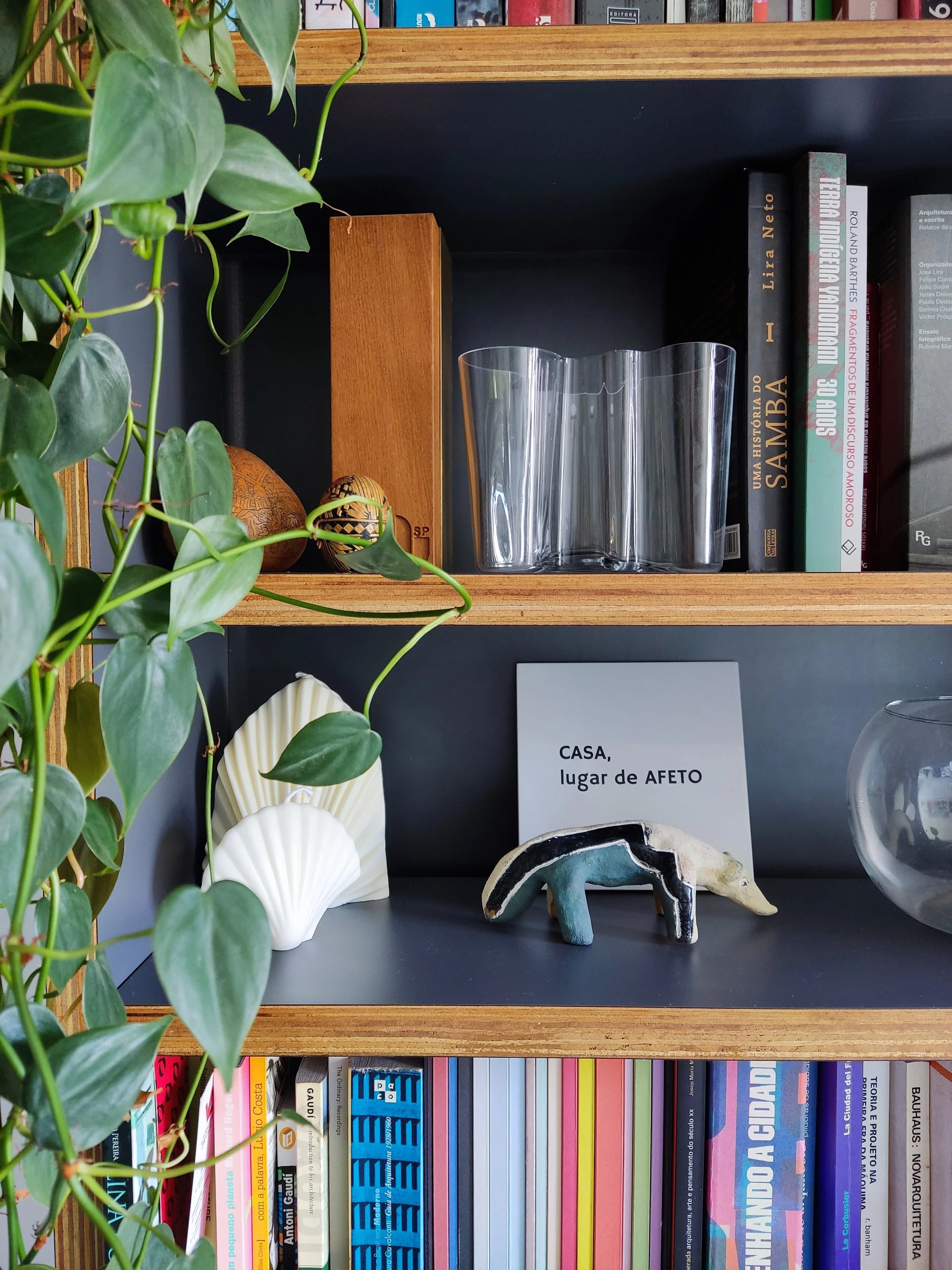 Estante com livros, plantas, objetos decorativos, uma caixa de vidro e uma placa com a frase 'CASA, lugar de AFETO'