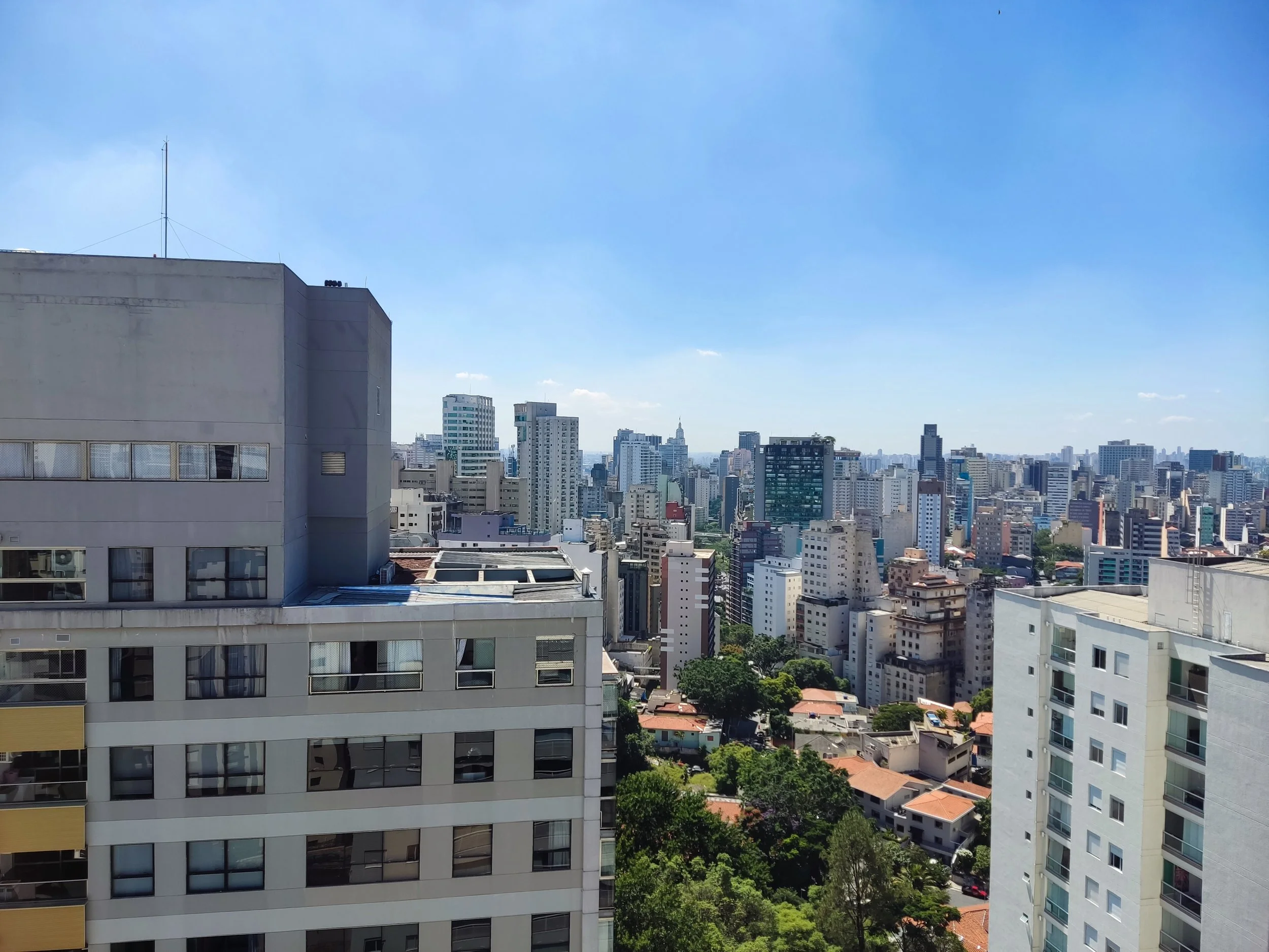 Vista de uma cidade com prédios altos sob céu claro e azul, com árvores e casas menores na parte inferior.