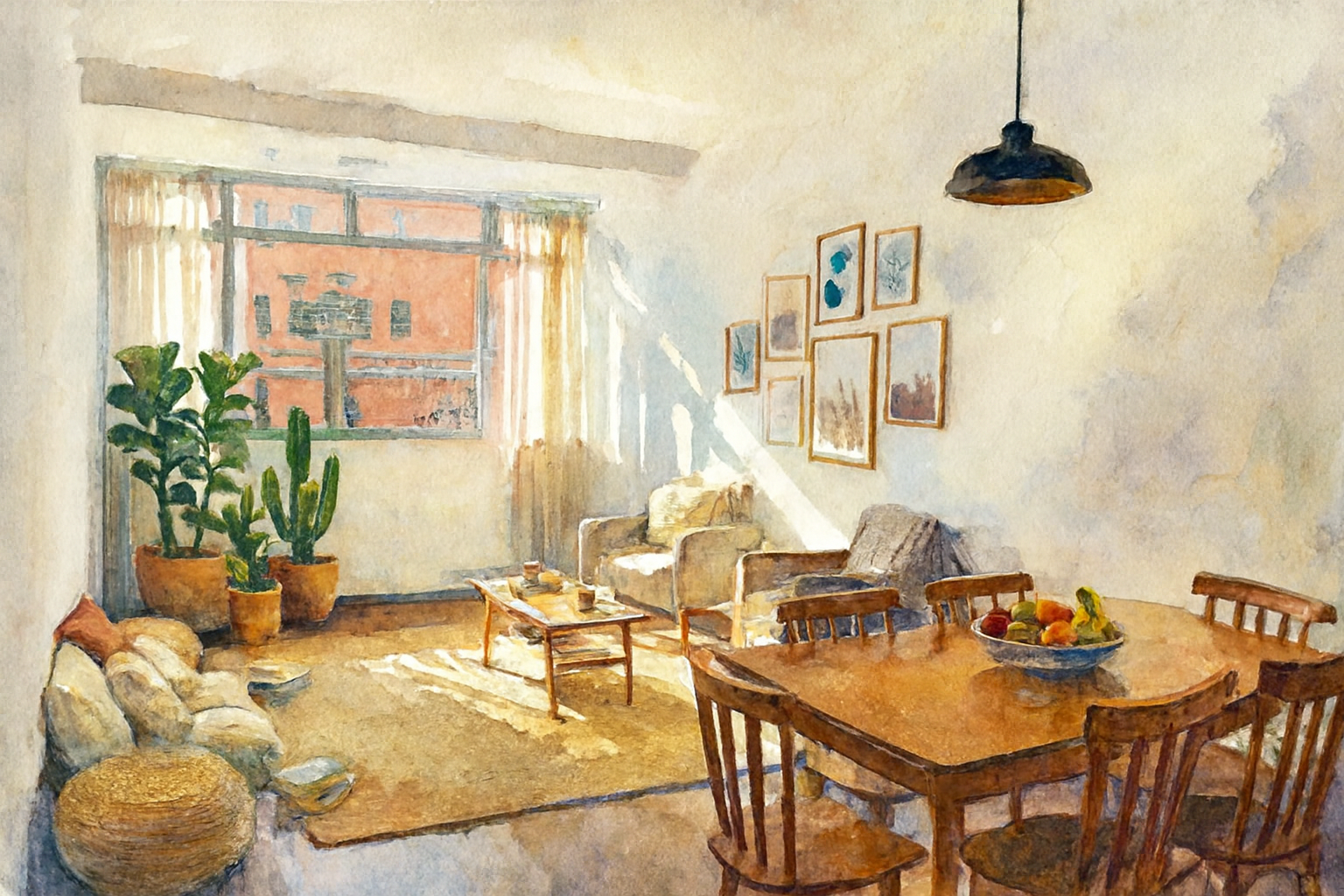 Sala de estar e jantar com parede clara, quadro decorativo na parede, iluminação suspensa, janelas grandes, plantas no canto, sofá confortável, mesa de jantar com frutas, cômodo iluminado pela luz natural.