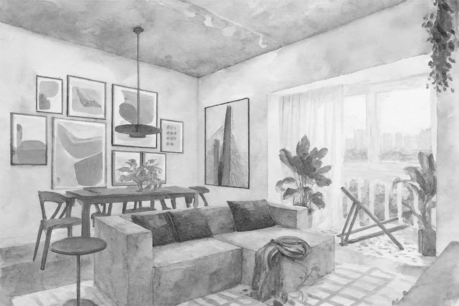 Ilustração de uma sala de estar com sofá, plantas, mesa de jantar, quadros na parede, iluminação natural, e vista para o exterior