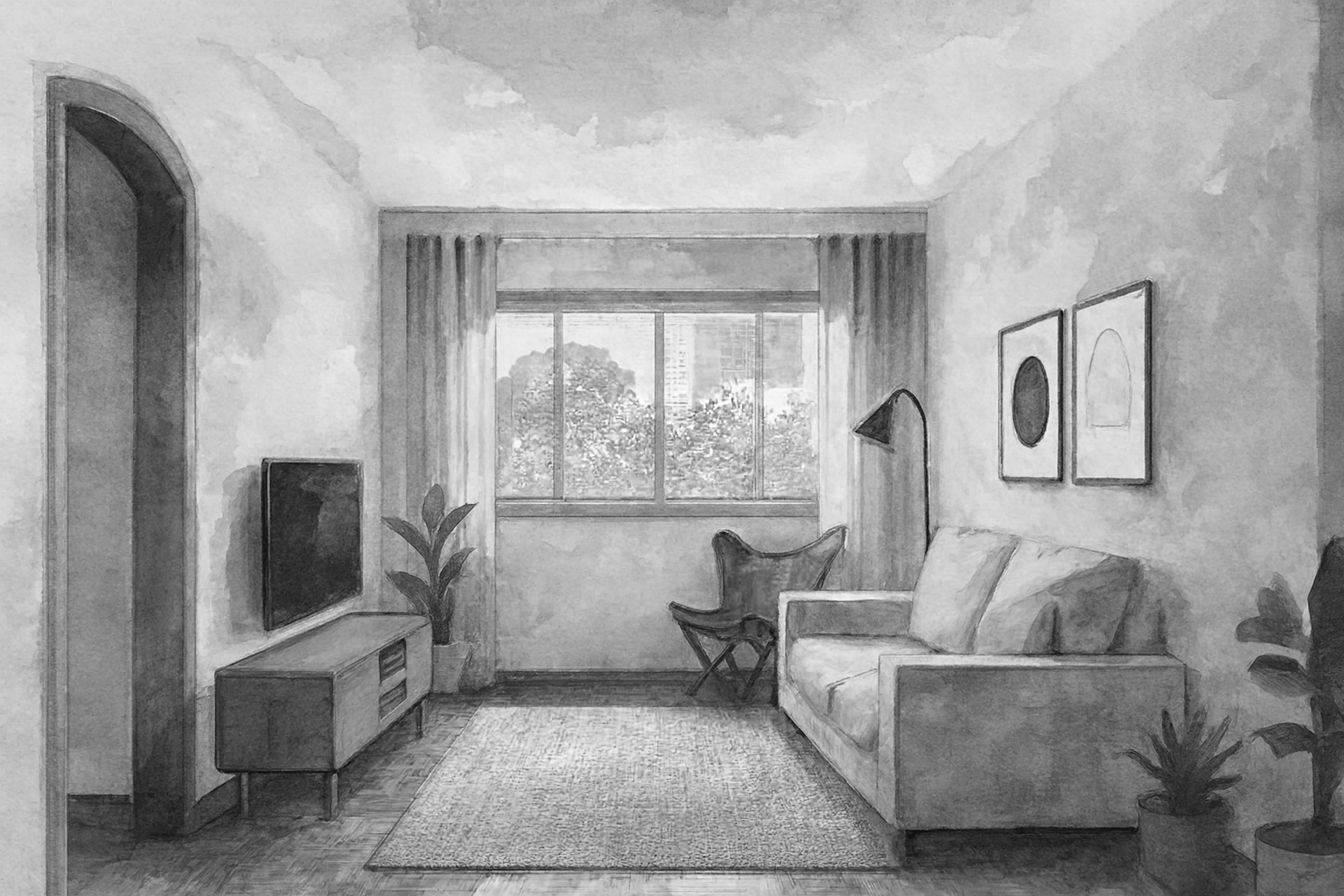 Quarto decorado com sofá bege, poltrona de couro, televisão, pendentes e quadro na parede, com janela com cortinas e plantas.