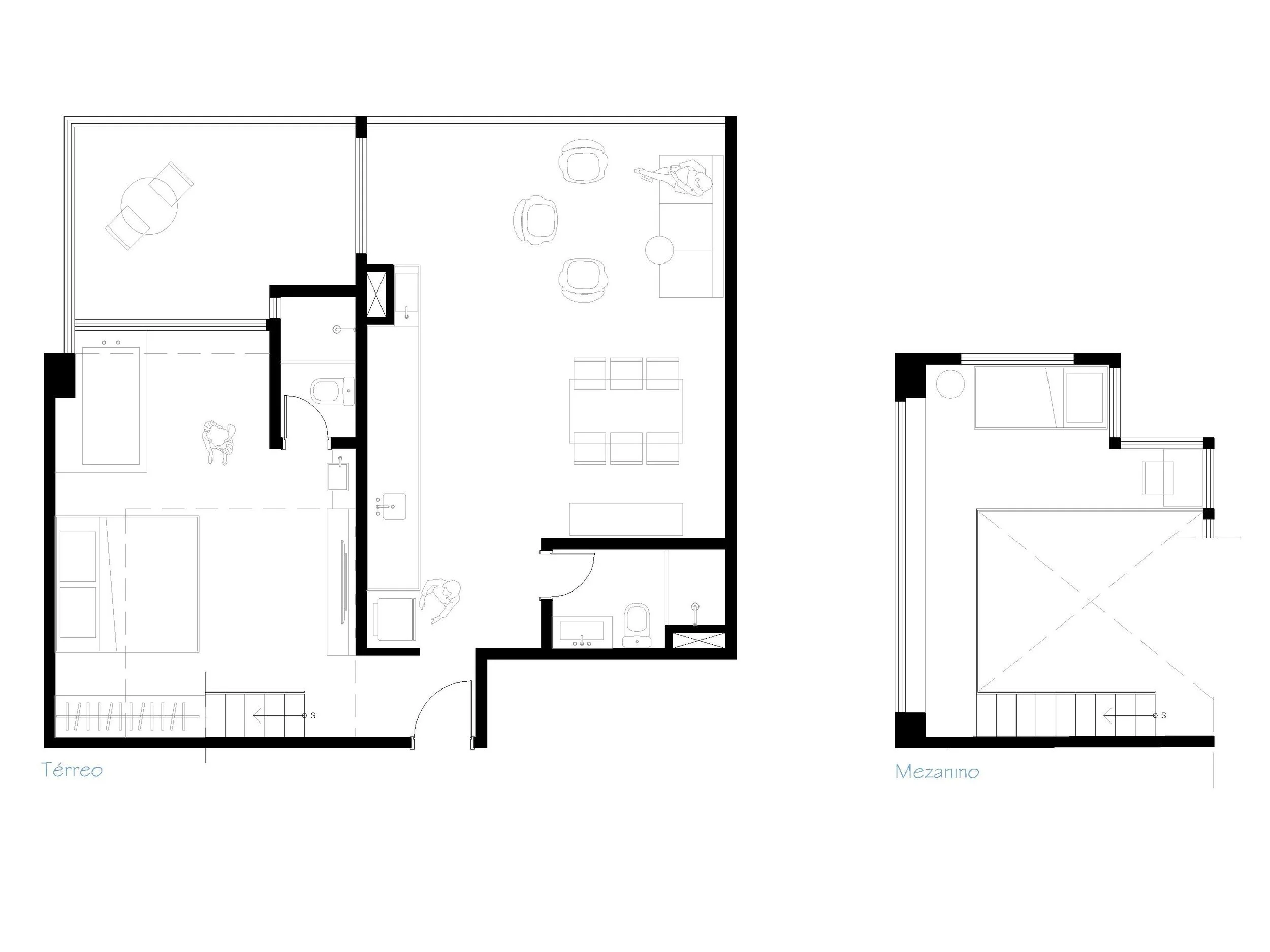 Planta baixa de uma casa, dividida em térreo e mezanino, com quartos, banheiro, sala de estar e cozinha.
