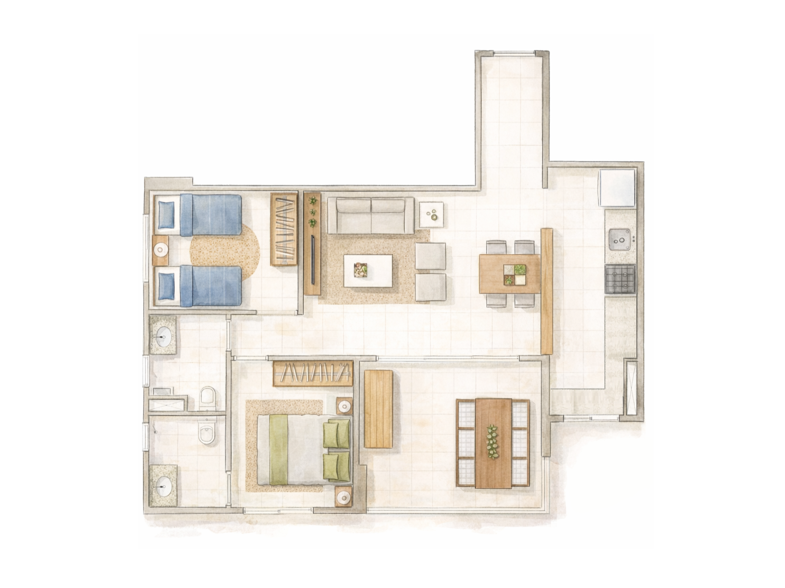 Planta de apartamento com dois quartos, uma sala de estar, uma sala de jantar e cozinha, além de dois banheiros.