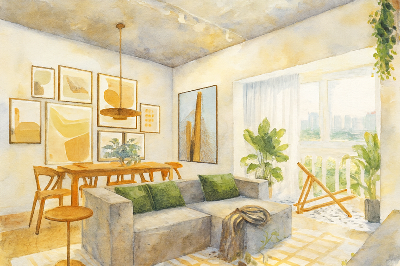 Ilustração de uma sala de estar com sofá, plantas, mesa de jantar, quadros na parede, iluminação natural, e vista para o exterior