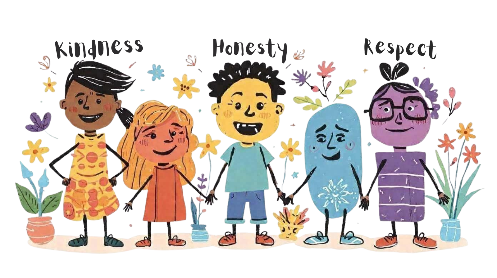 Illustration of five children holding hands, standing among colorful flowers and potted plants.