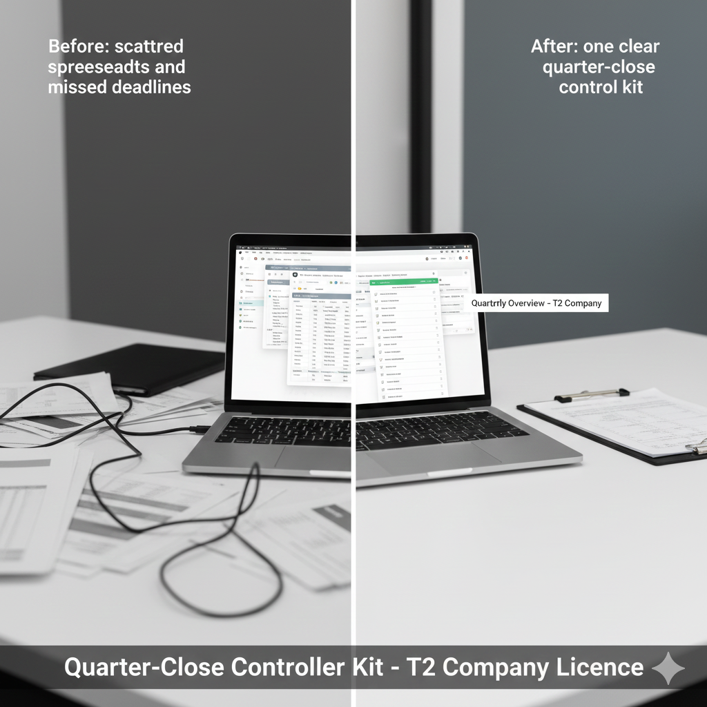 Split image showing a cluttered desk with scattered papers and cords on the left, and a tidy desk with an organized control kit and a clipboard on the right, illustrating before and after effects of using a quarter-close controller kit.