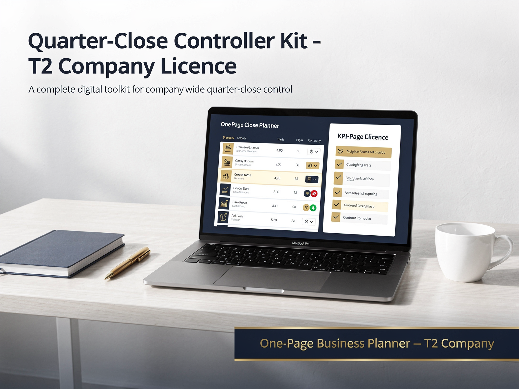 Open laptop on a desk displaying a digital business planning toolkit titled 'OnePage Close Planner,' with a list of company projects, their statuses, and a separate column indicating KPI compliance. The desk has a closed notebook, a gold pen, and a white coffee mug.