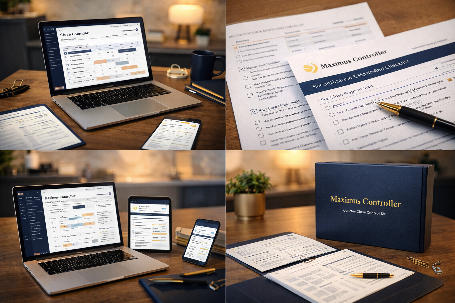 Workstation with laptop, smartphone, and tablet displaying a project management or scheduling app. Close-up of a checklist and a control kit box on a wooden desk.