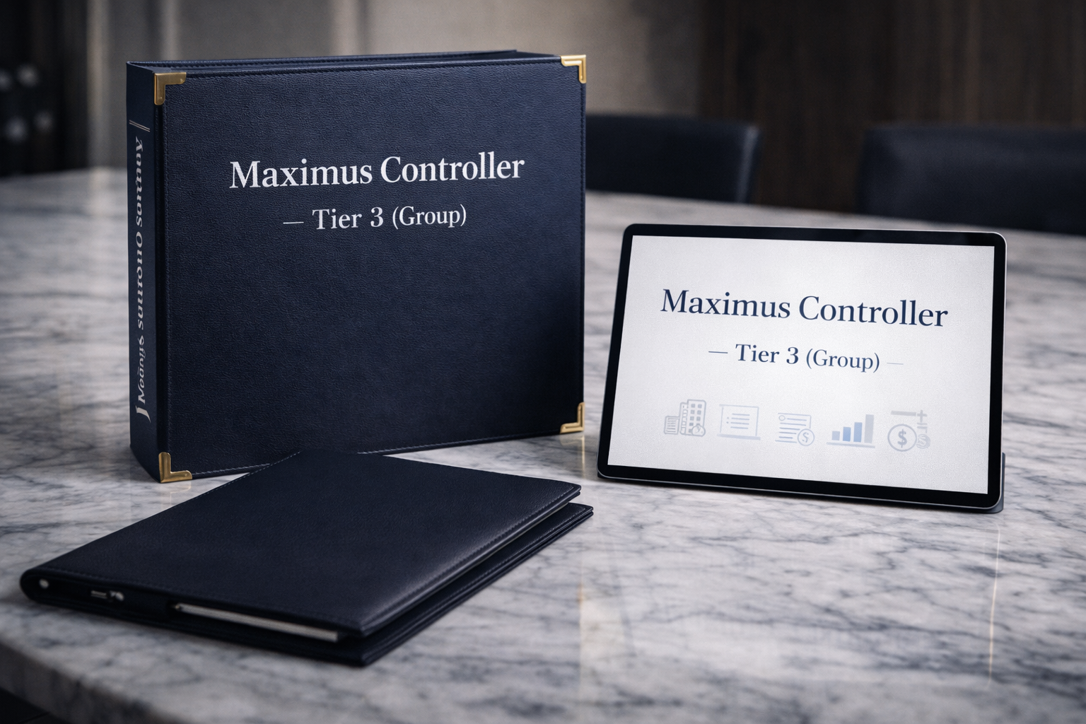Box, tablet, and notebook displaying 'Maximus Controller - Tier 3 (Group)' on a marble table.
