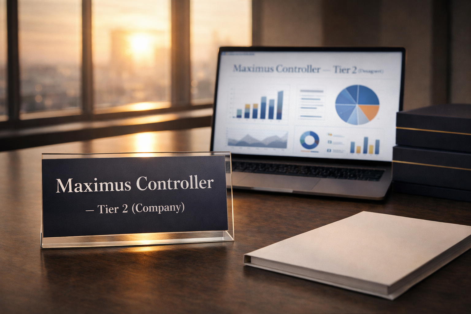 Nameplate reading "Maximus Controller - Tier 2 (Company)" on a desk in front of a laptop displaying various charts and graphs for analytics, with stacked folders and a notebook nearby in a modern office setting during sunset.