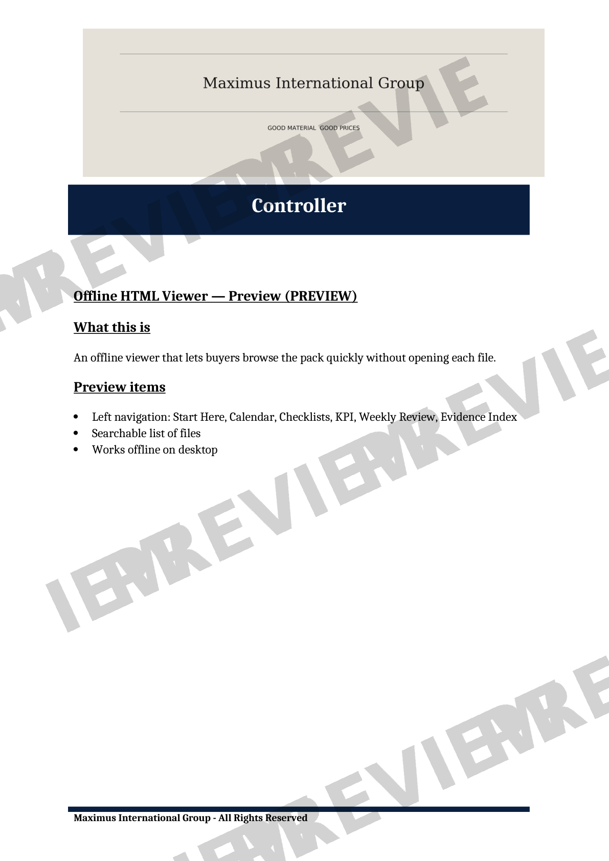 Document page with a grey header reading 'Maximus International Group' and 'GOOD MATERIAL GOOD PRICES', a dark blue section labeled 'Controller', and text describing an offline HTML viewer for browsing files without opening each one, including a list of features. The footer states 'Maximus International Group - All Rights Reserved'.