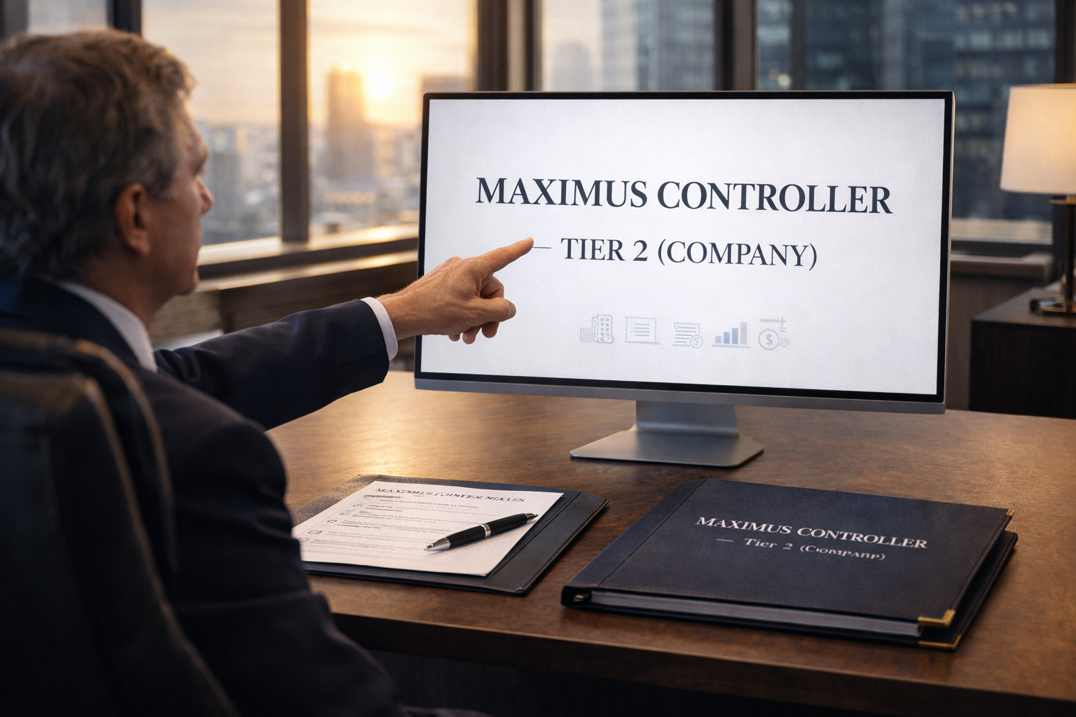 Businessperson pointing at a computer monitor displaying 'MAXIMUS CONTROLLER TIER 2 (COMPANY)' in an office setting with city view.