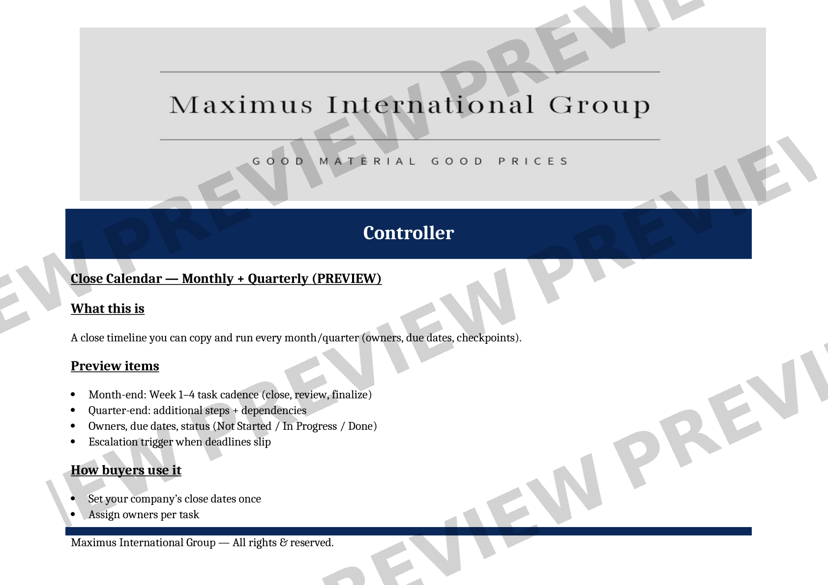 A preview document for Maximus International Group showing details about a close calendar for monthly and quarterly planning, including features like task cadence, dependencies, owner responsibilities, due dates, and escalation triggers.