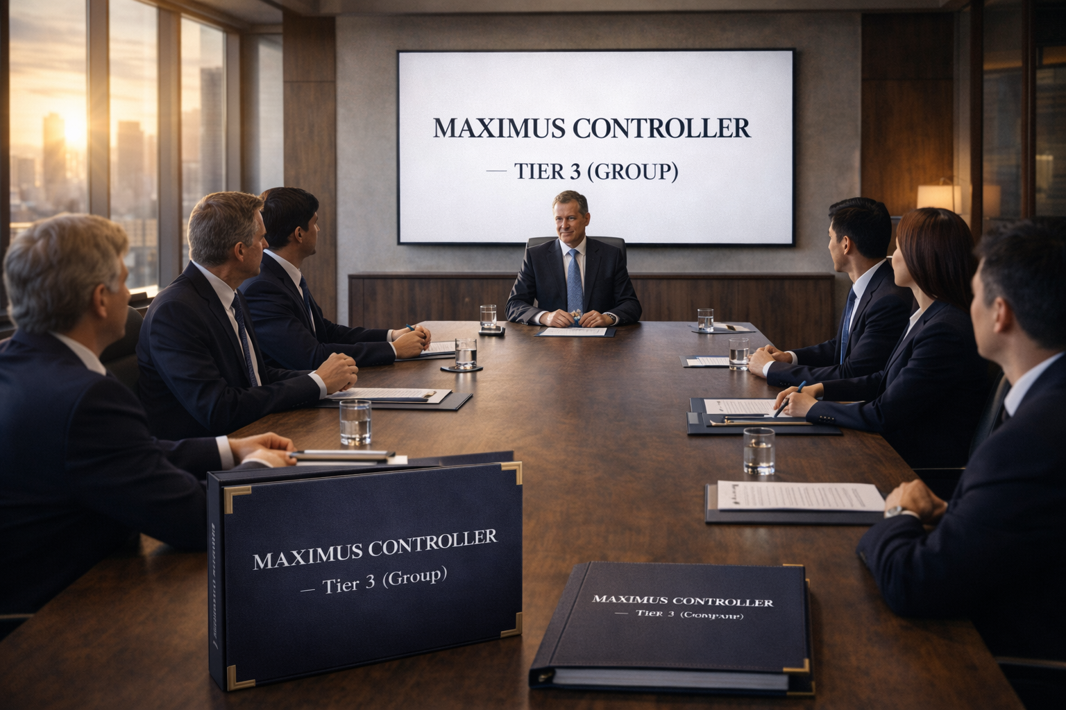 Business meeting in a conference room with a man at the head of the table and six others, with a large screen displaying "MAXIMUS CONTROLLER - TIER 3 (GROUP)" behind him.