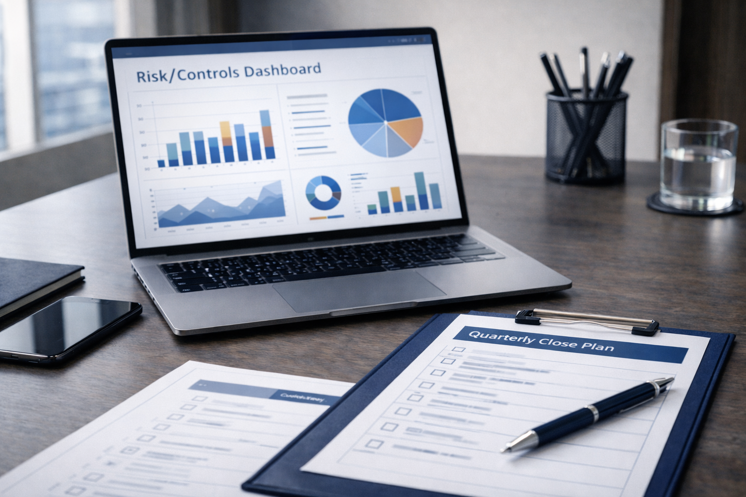 Laptop displaying various charts and graphs for risk and controls dashboard, a clipboard with a quarterly close plan, a pen, a smartphone, a glass of water, and a container of pens on a wooden desk.
