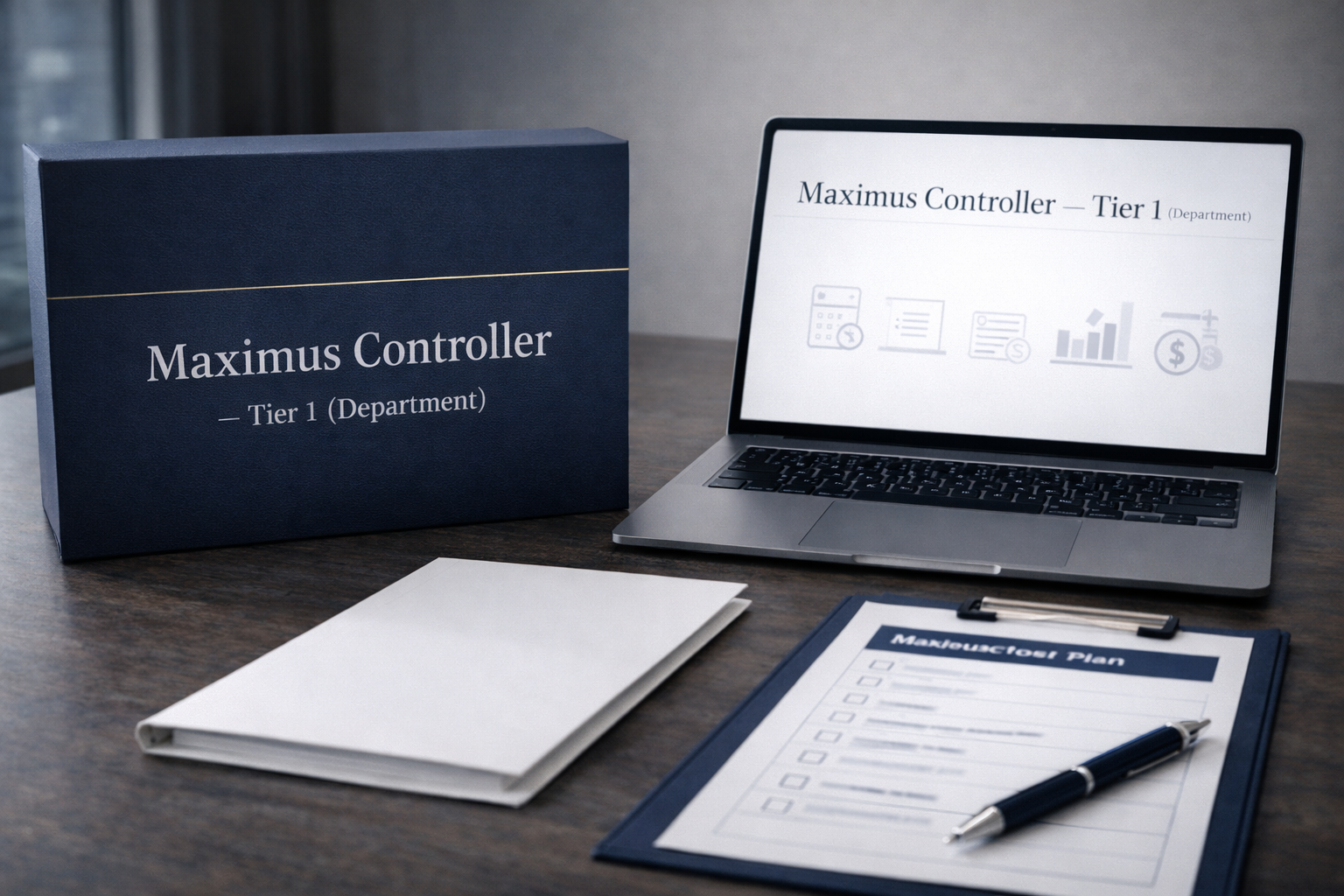 A desk with a blue box labeled "Maximus Controller - Tier 1 (Department)" and a laptop displaying the same text along with financial icons, a notepad on a clipboard titled "Maximus Test Plan," a pen, and a closed notebook.