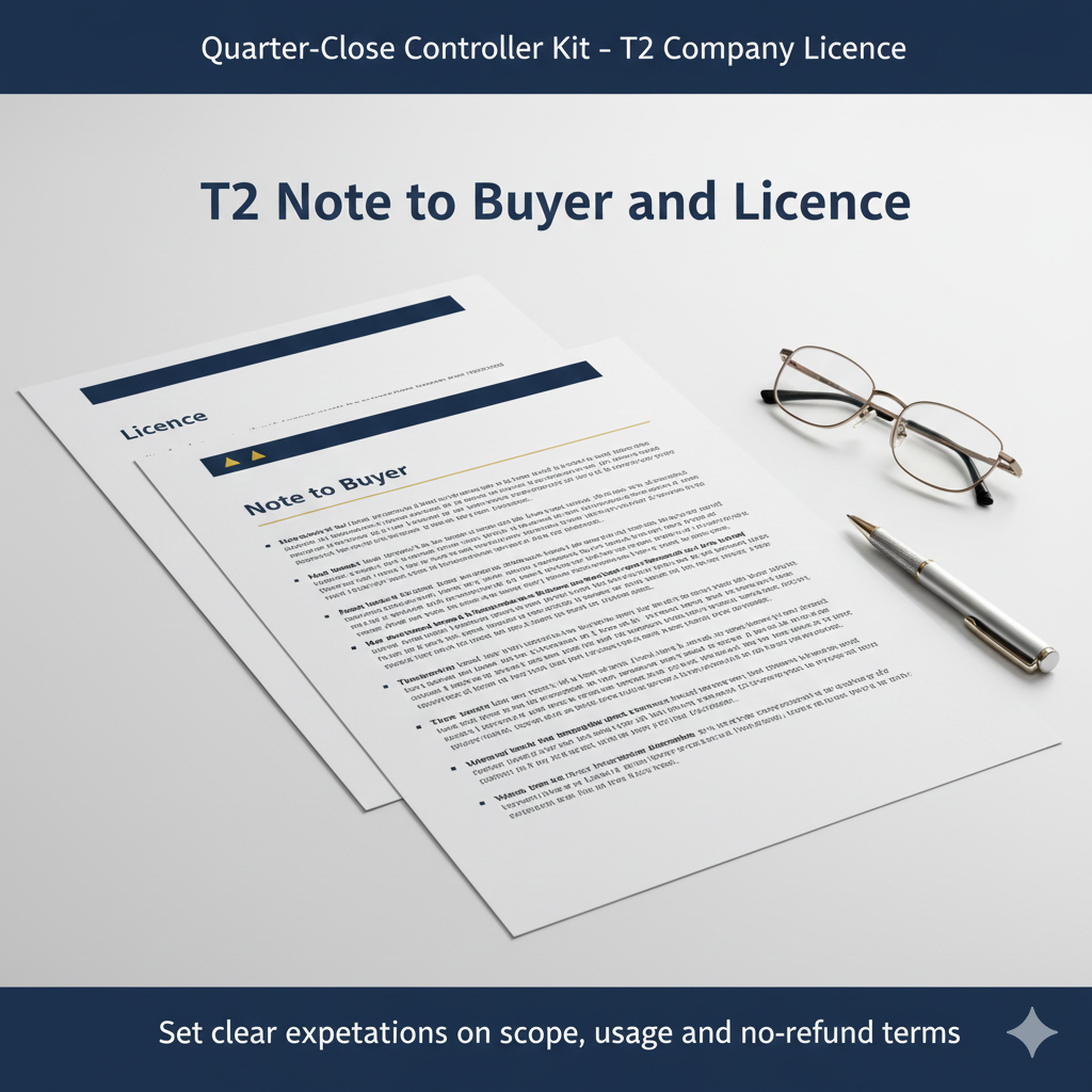 A document titled 'T2 Note to Buyer and Licence' with a pair of glasses, a pen, and some papers on a white desk.