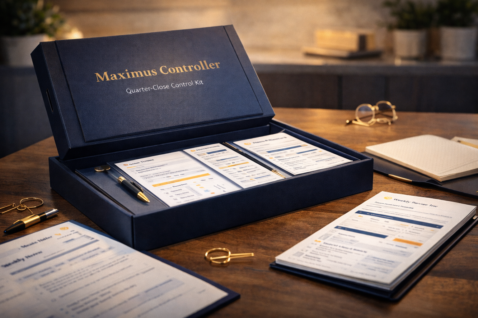 Open box labeled 'Maximus Controller Quarter-Close Control Kit' on a wooden desk with various documents, pens, glasses, and office supplies around.