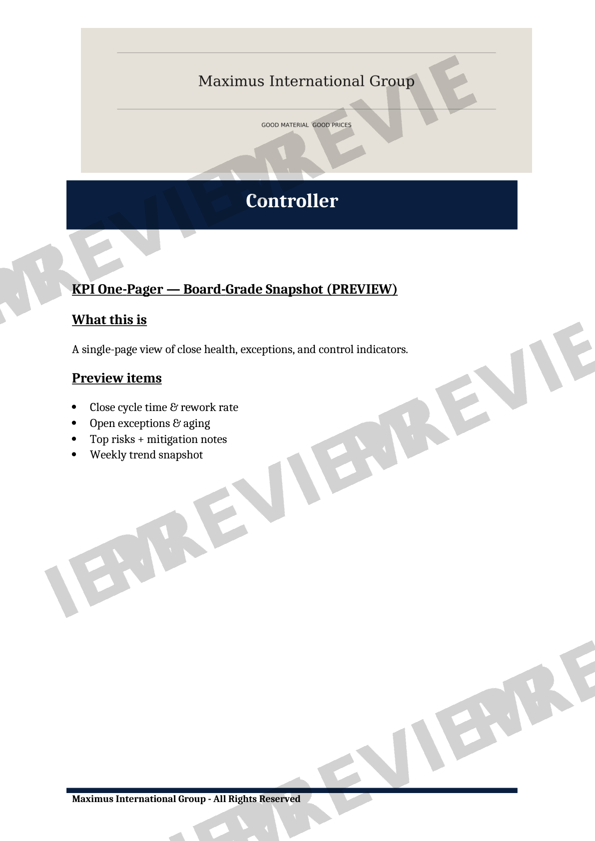 Document titled 'Controller' from Maximus International Group, providing an overview of KPI metrics and preview items related to health and control indicators.