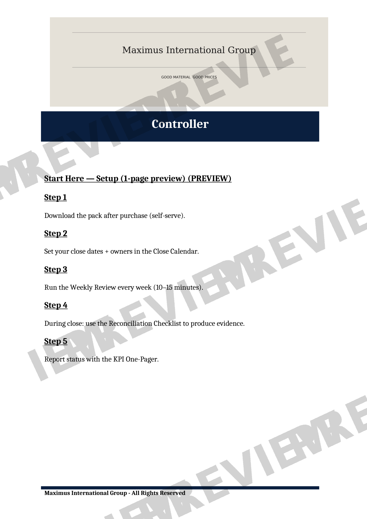 Document titled 'Controller' from Maximus International Group outlining steps for setup and review process.