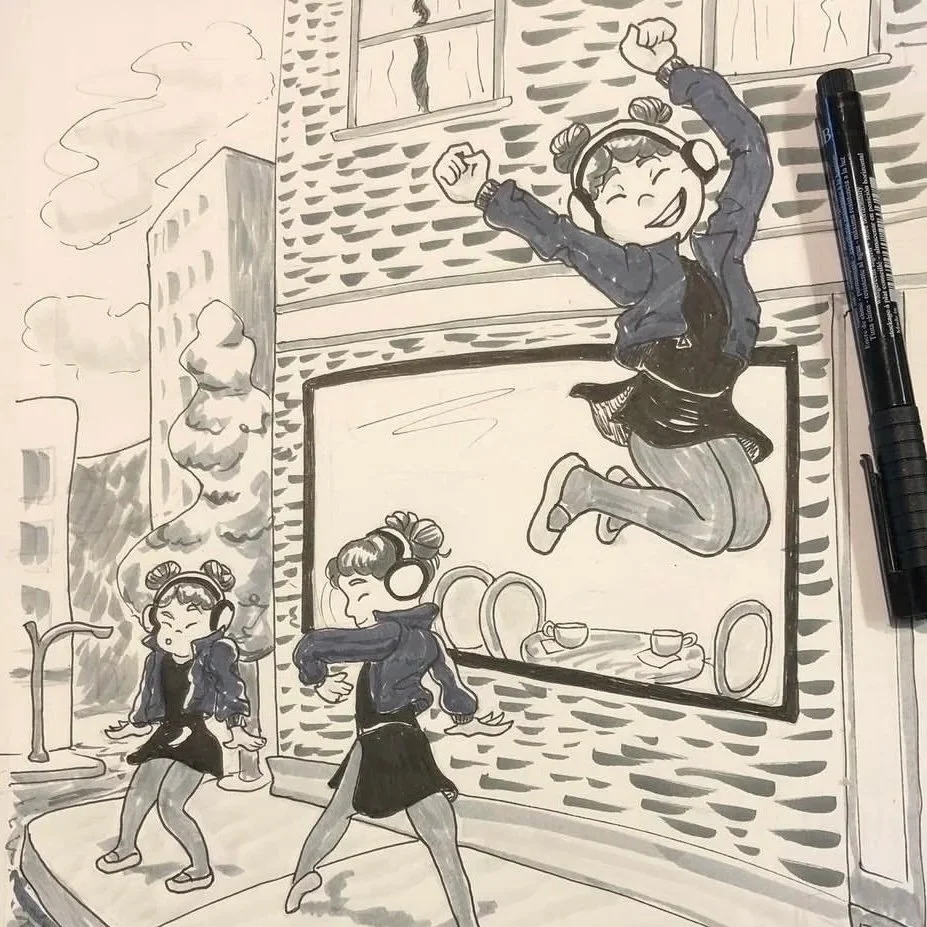 Black and white drawing of a girl dancing and jumping with headphones and a jacket outside a building, with a large poster of her dancing on the wall behind her.