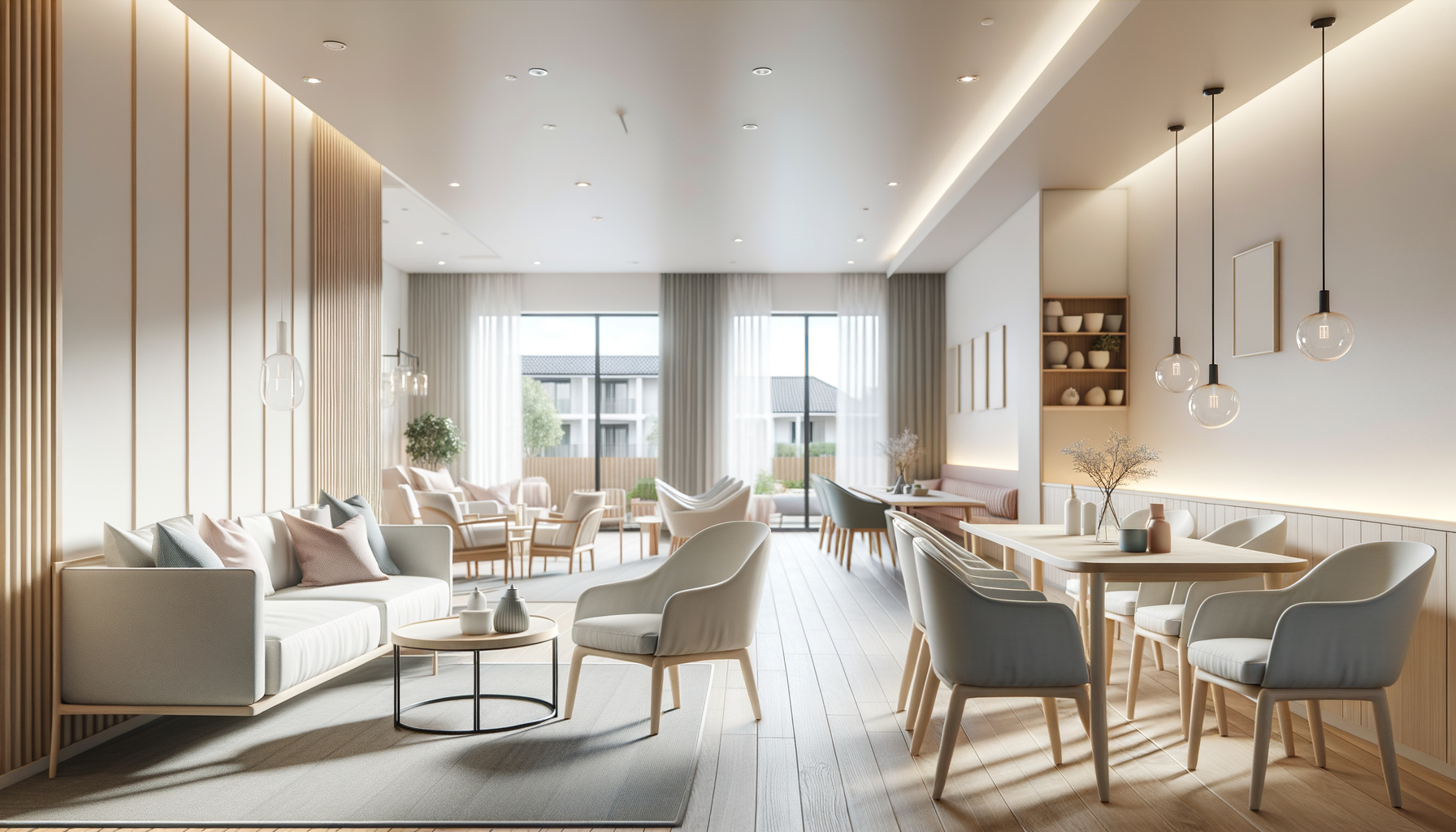 Modern, minimalist living and dining area with white and pastel furniture, large windows with white curtains, wooden flooring, and stylish lighting fixtures.