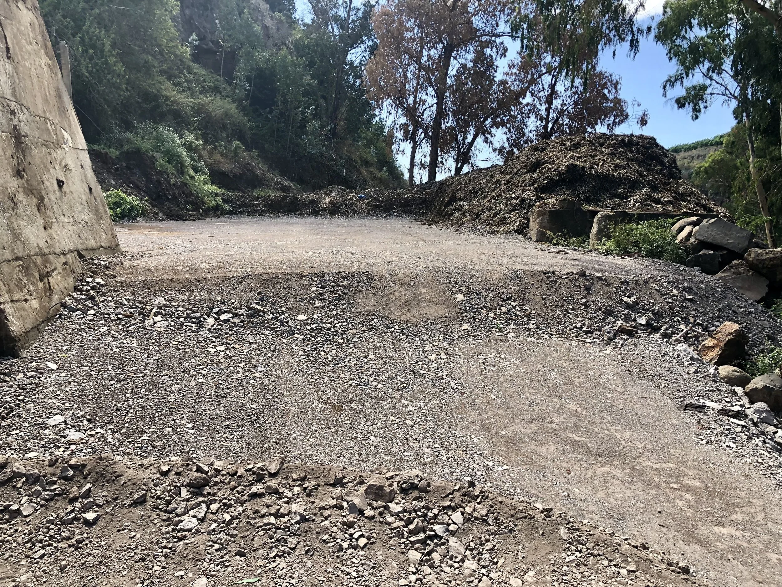A gravelly road with dirt and small rocks, surrounded by trees and vegetation, with a slight incline and cleared area on the right side, under a blue sky.