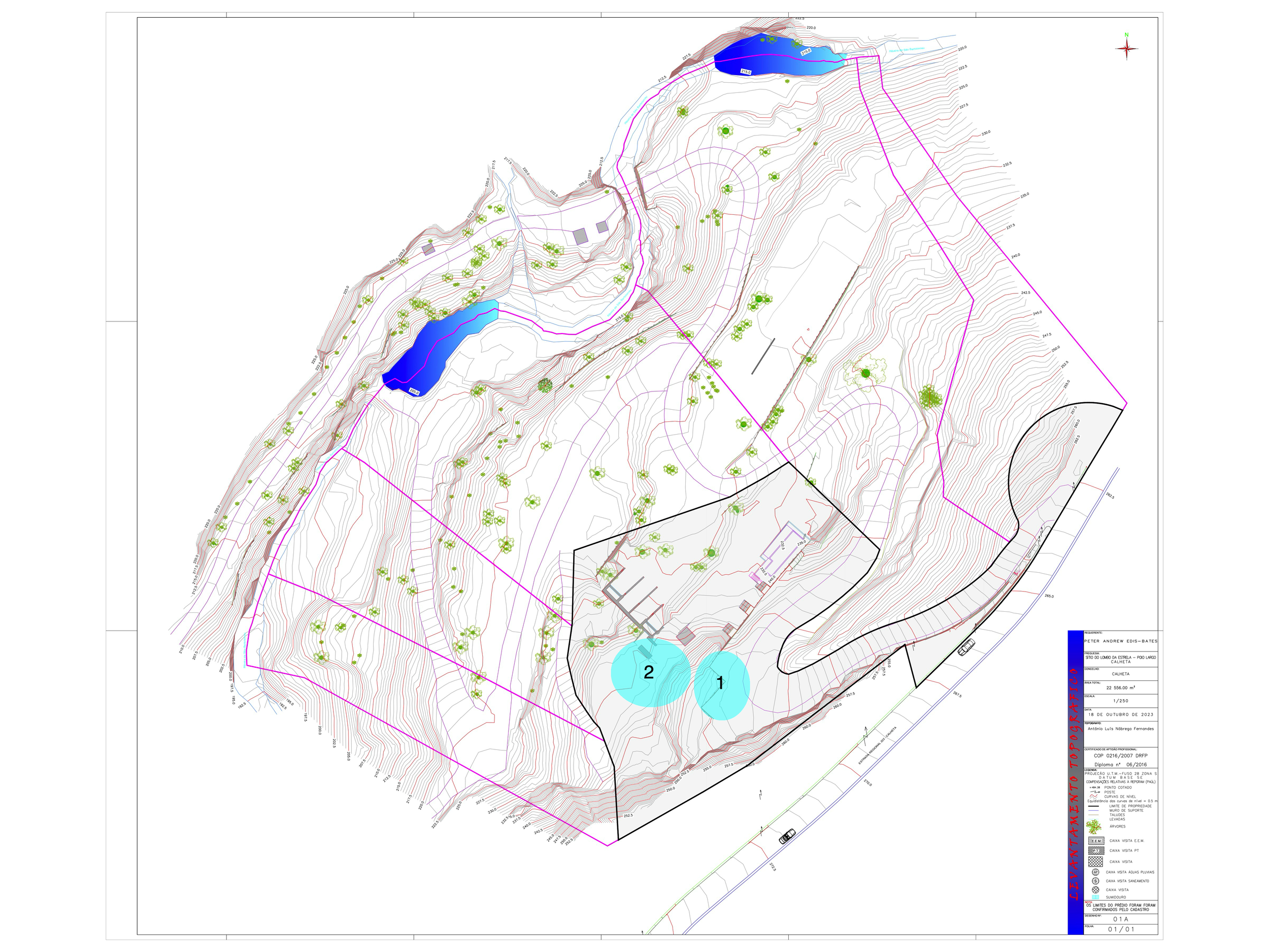 Topographic map of a hilly area with contour lines, two lakes, numerous trees, a building footprint, and marked zones labeled '1' and '2'.