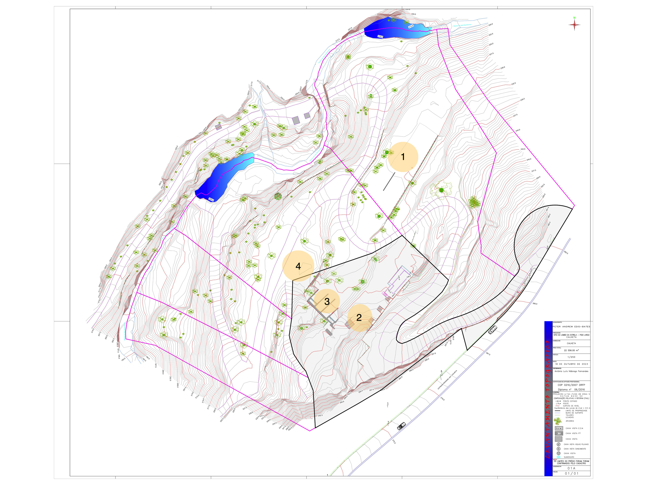 Topographic map showing contour lines, trees, bodies of water, and numbered areas with building outlines and property boundaries.