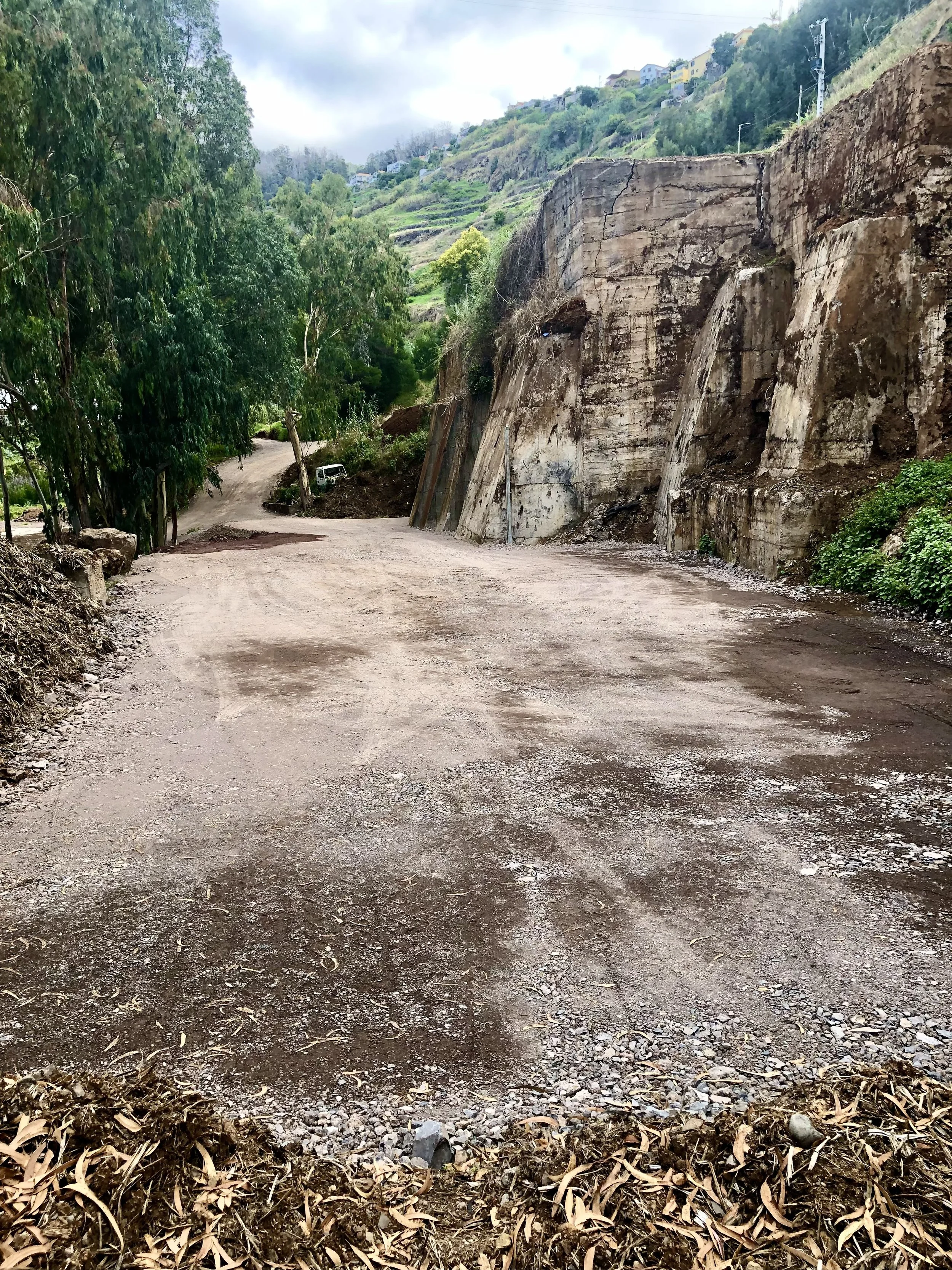 Dirt road winding through a hilly area with a stone wall on the right and trees on the left, leading to a hillside with houses.