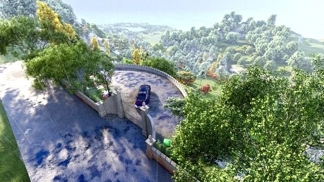 A winding driveway with a black car parked near a stone archway, surrounded by lush green trees and a scenic landscape with rolling hills in the background.