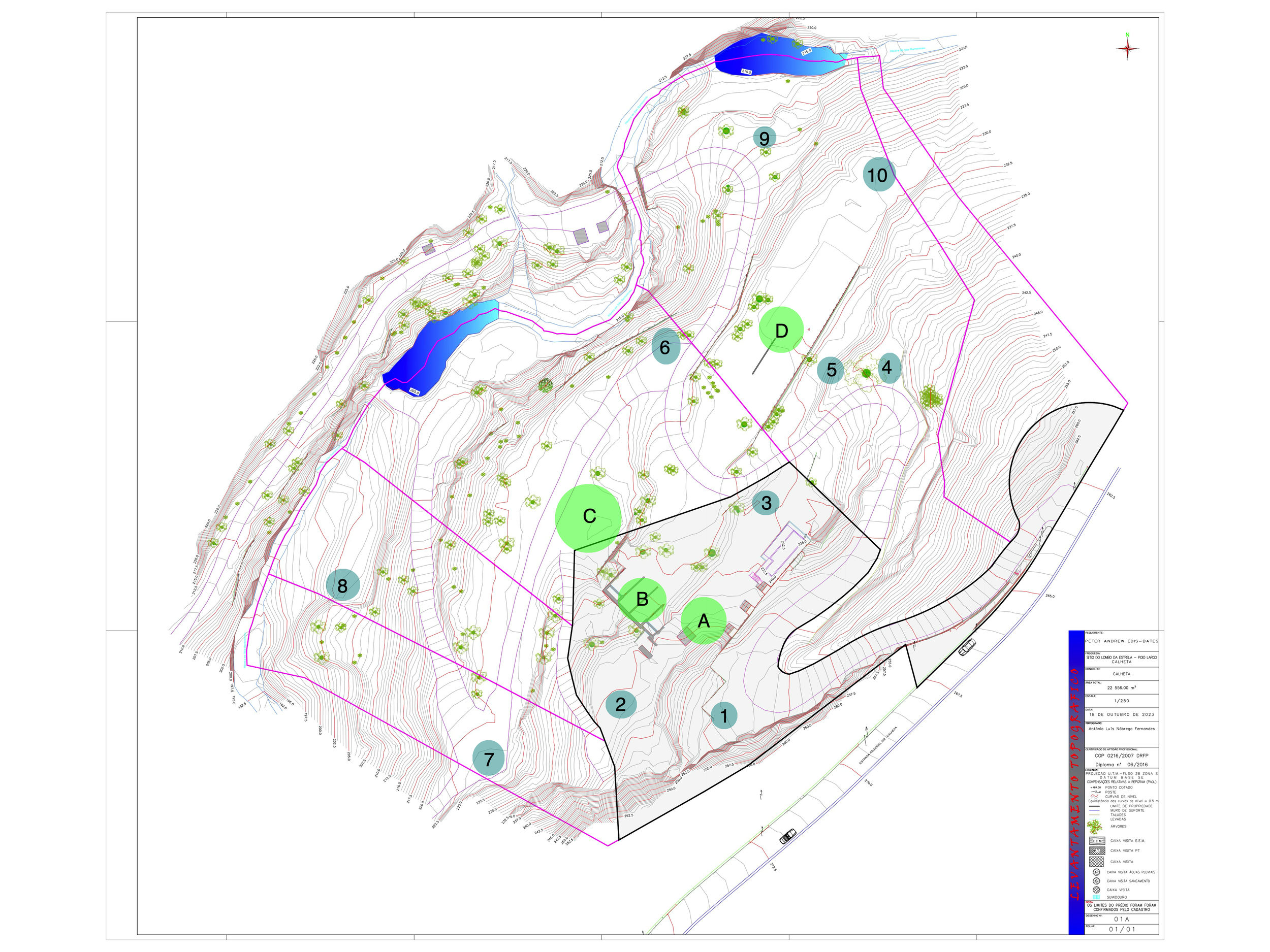 A detailed topographical map showing contour lines, water bodies, and various marked points using different colored symbols and labels, indicating elevation and land features.