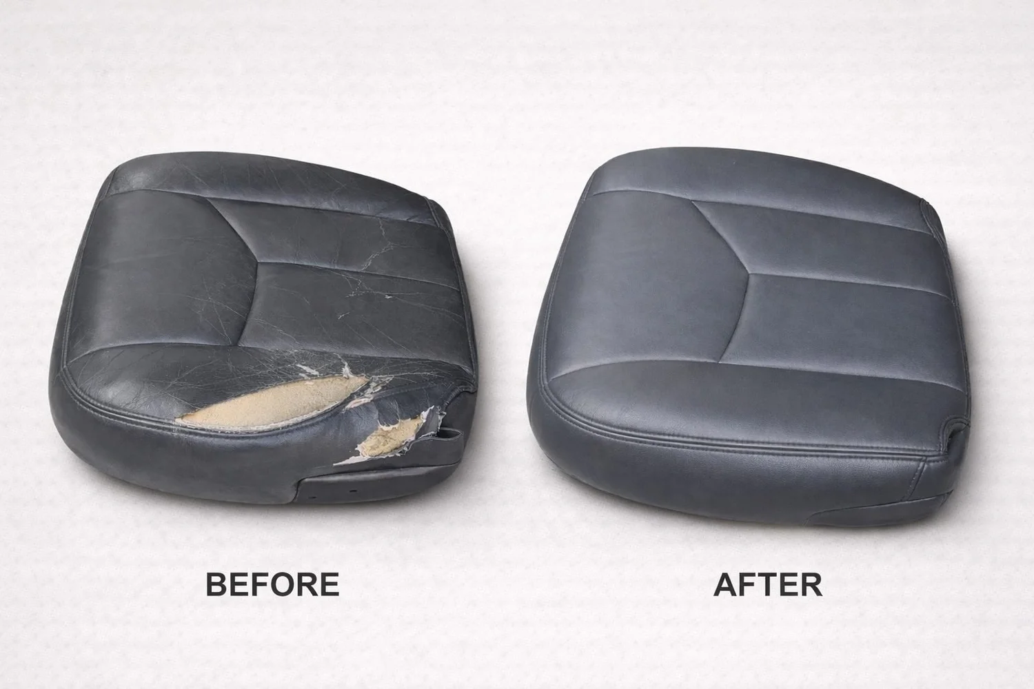 A vehicle seat cushion before and after: cracked and torn leather on the left, a smooth new cover on the right