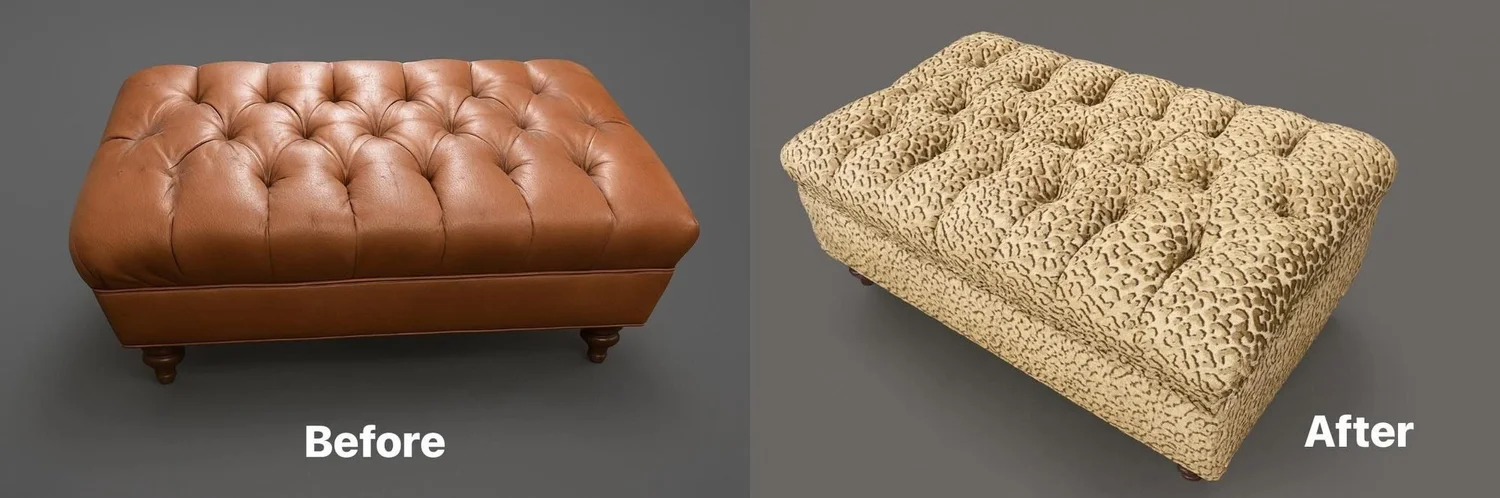 A tufted ottoman before and after: worn brown leather on the left, plush leopard-pattern velvet on the right