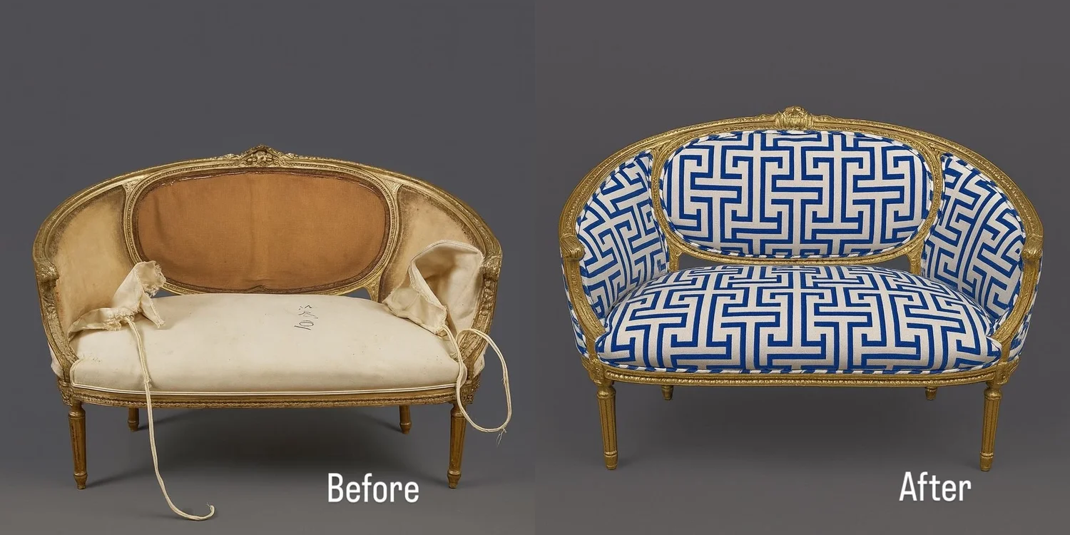A gilded French settee before and after: a bare, stripped frame on the left, upholstered in a blue Greek-key print on the right
