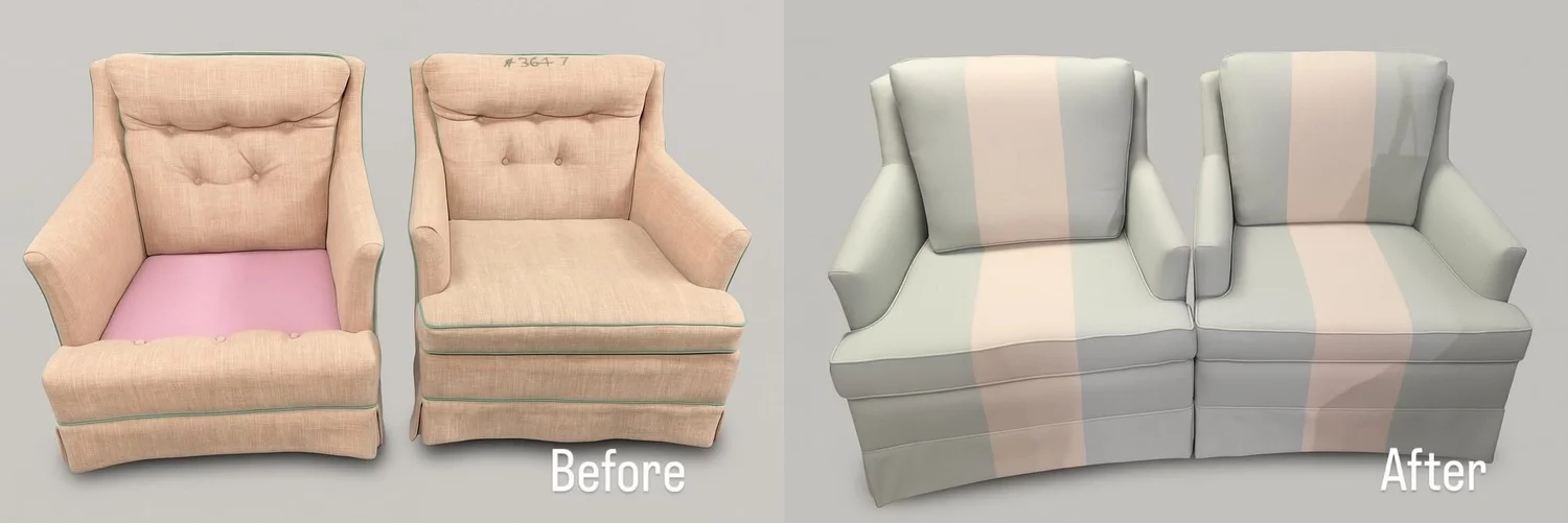 A pair of club chairs before and after: dated worn fabric on the left, a clean two-tone scheme on the right
